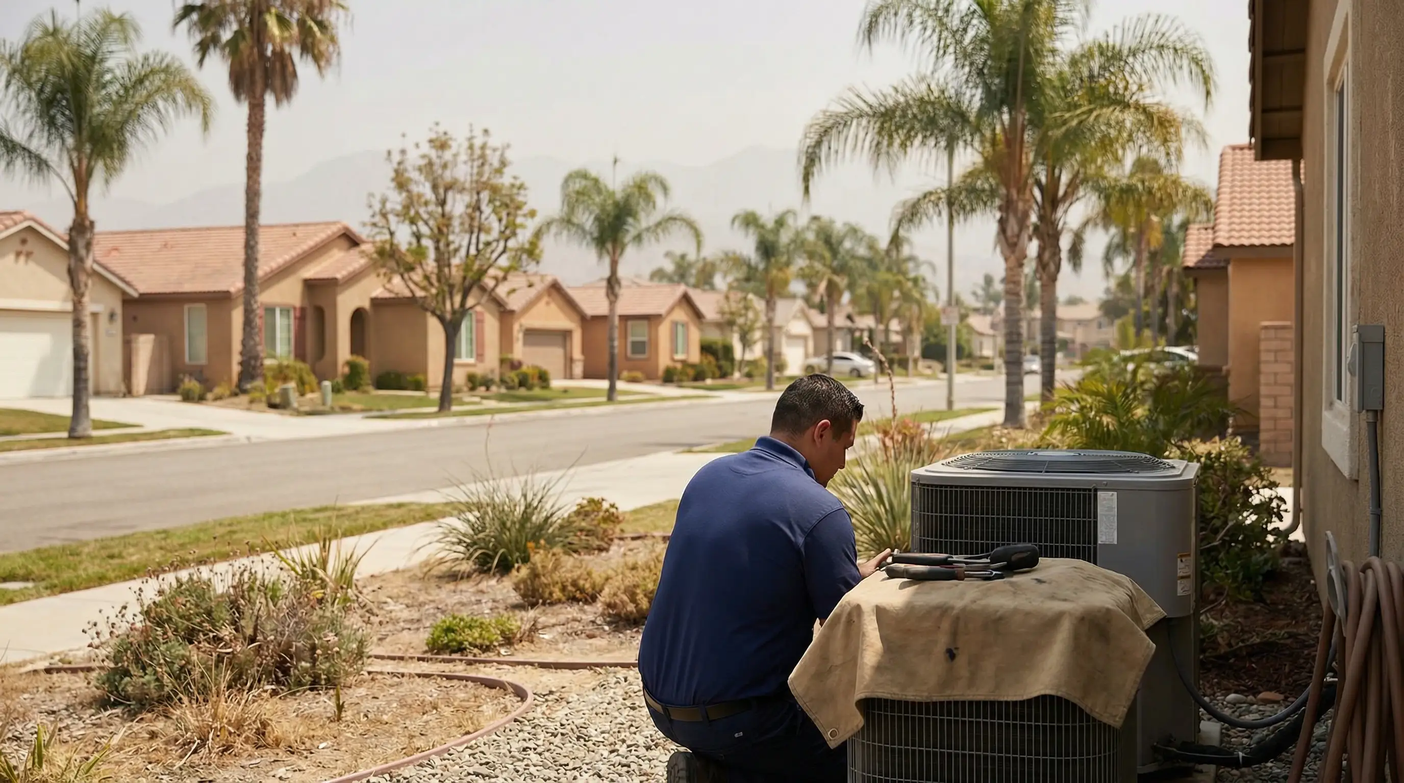 Professional HVAC technician servicing an outdoor AC unit at a stucco residential home in Santa Ana, CA
