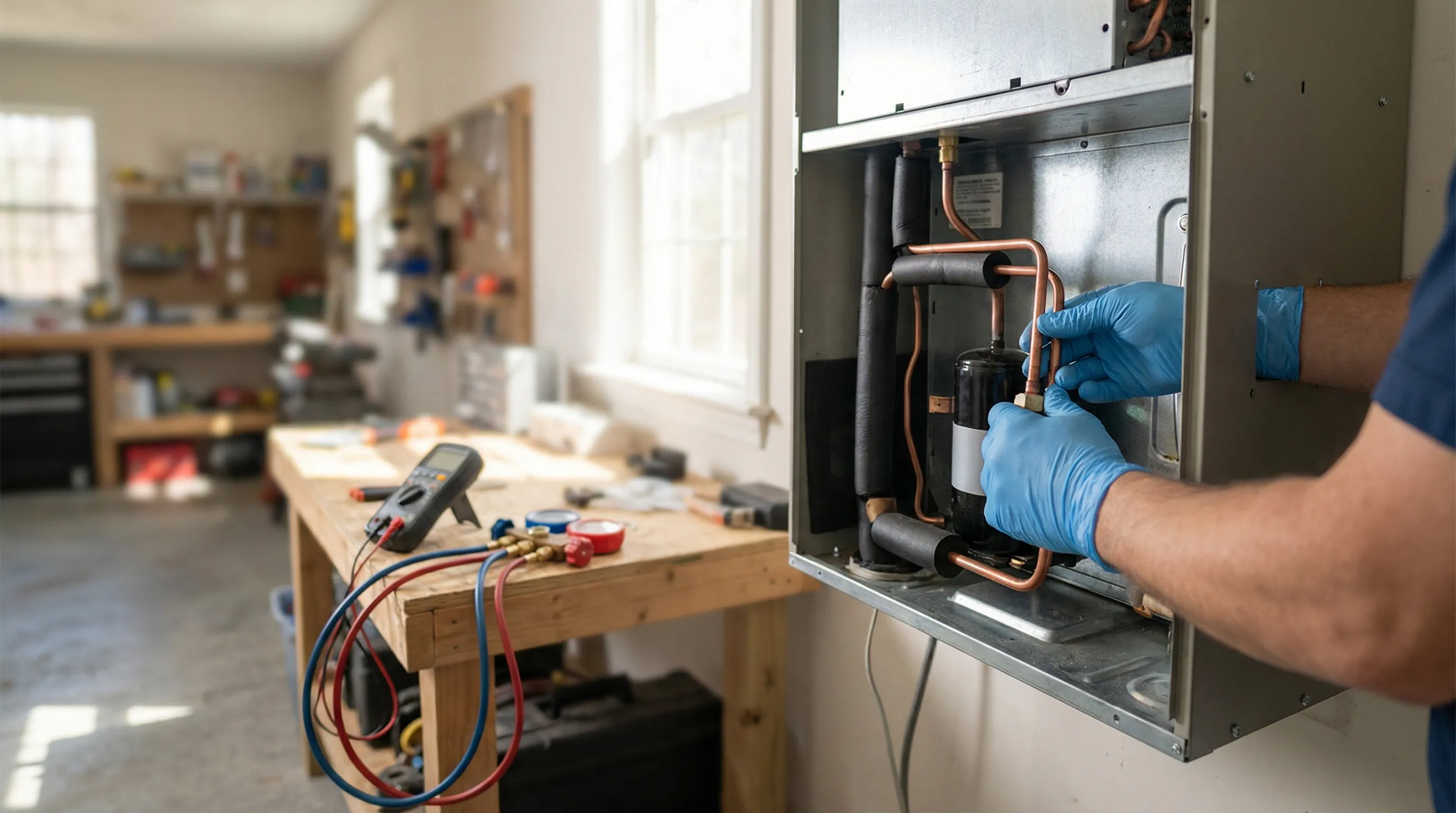Professional HVAC technician servicing an outdoor AC unit at a stucco residential home in Santa Ana, CA