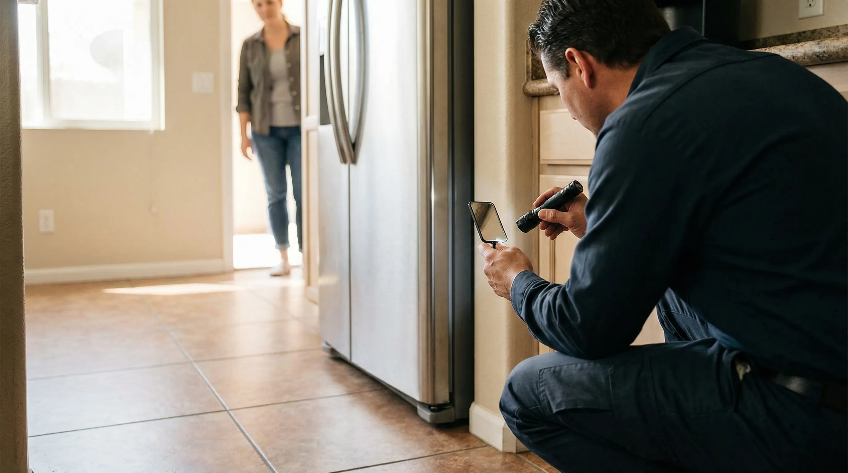 Professional pest control technician inspecting the perimeter of a stucco apartment building in Santa Ana, CA