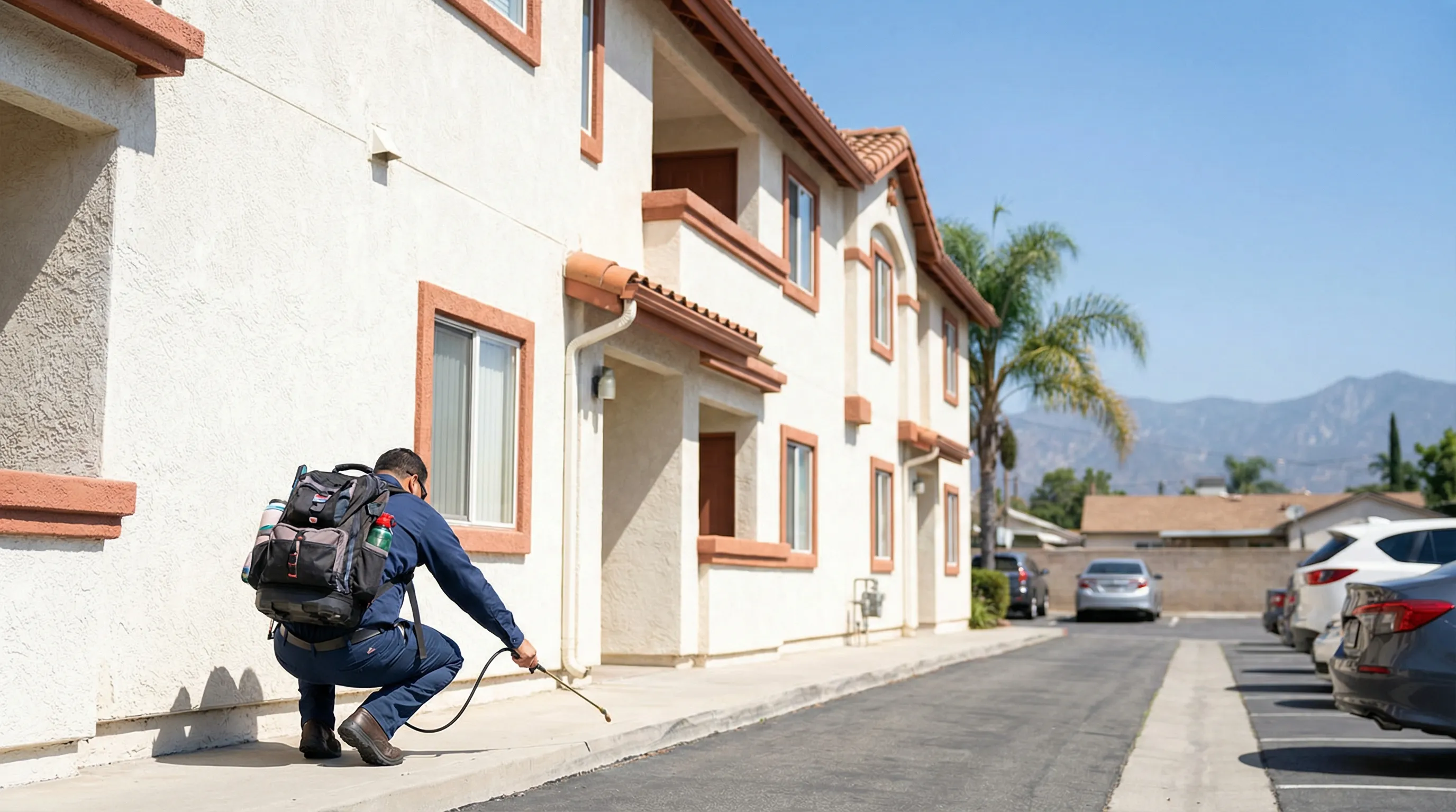Professional pest control technician inspecting the perimeter of a stucco apartment building in Santa Ana, CA