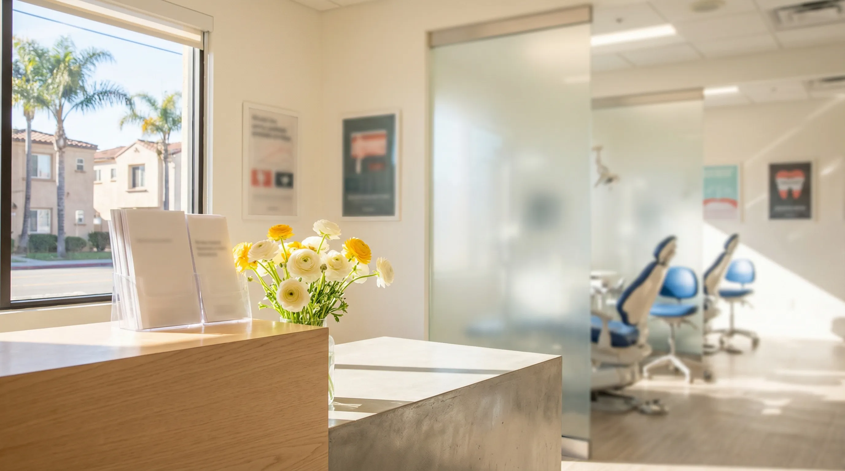 Bilingual dental receptionist welcoming a patient at a modern dental practice in Santa Ana, CA