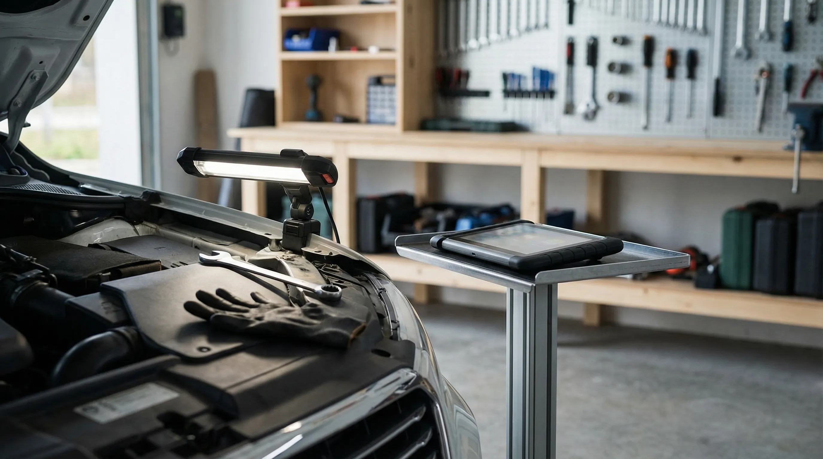 Professional auto mechanic working in a service bay at an independent repair shop in Santa Ana, CA