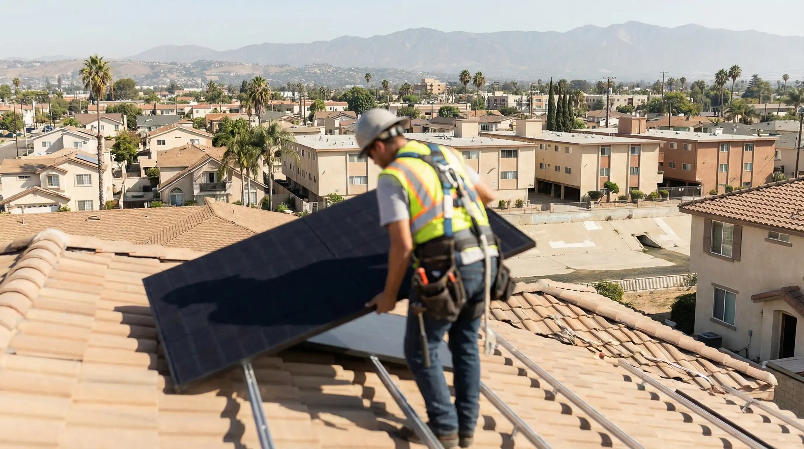 Solar installation technician placing panels on a residential roof in Santa Ana, CA with the Orange County skyline visible in the background