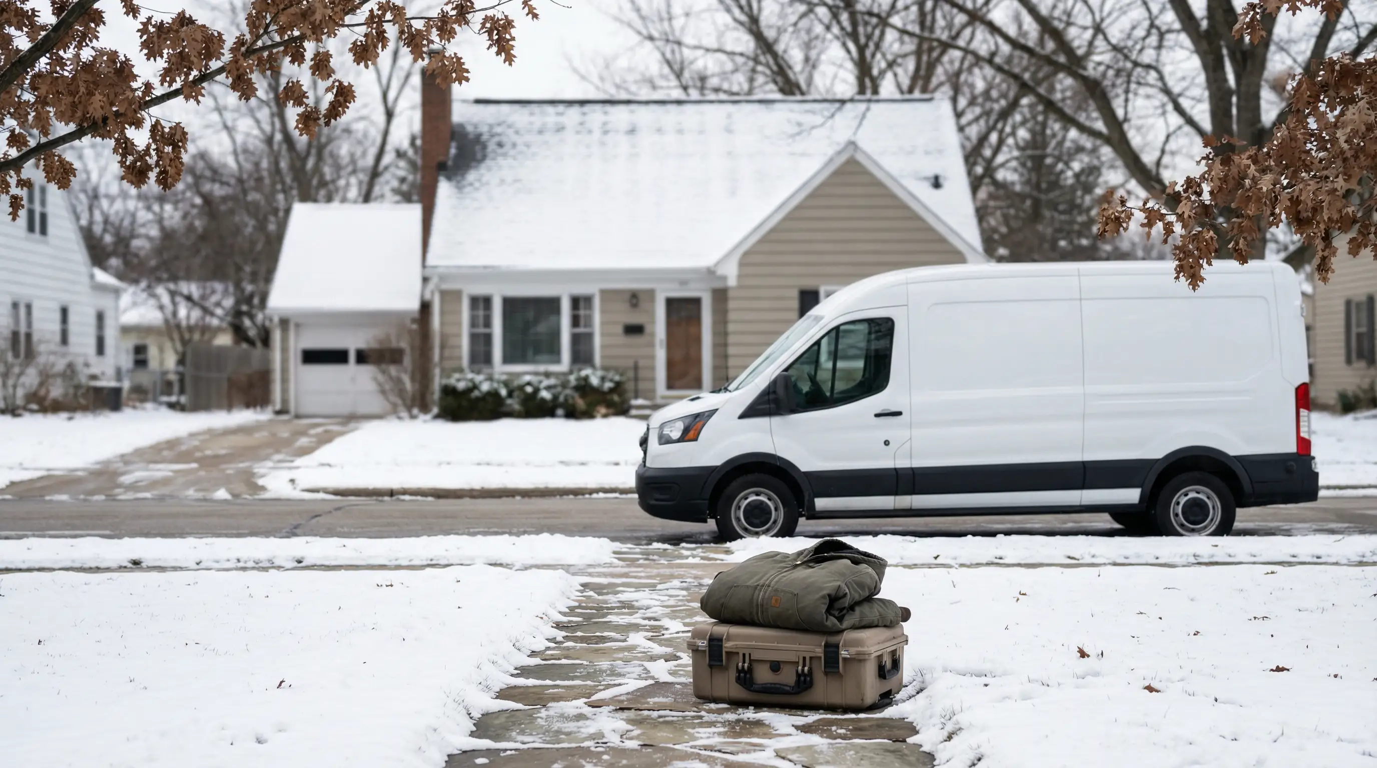 Professional HVAC technician servicing a residential furnace in a Madison, WI suburban home basement in winter