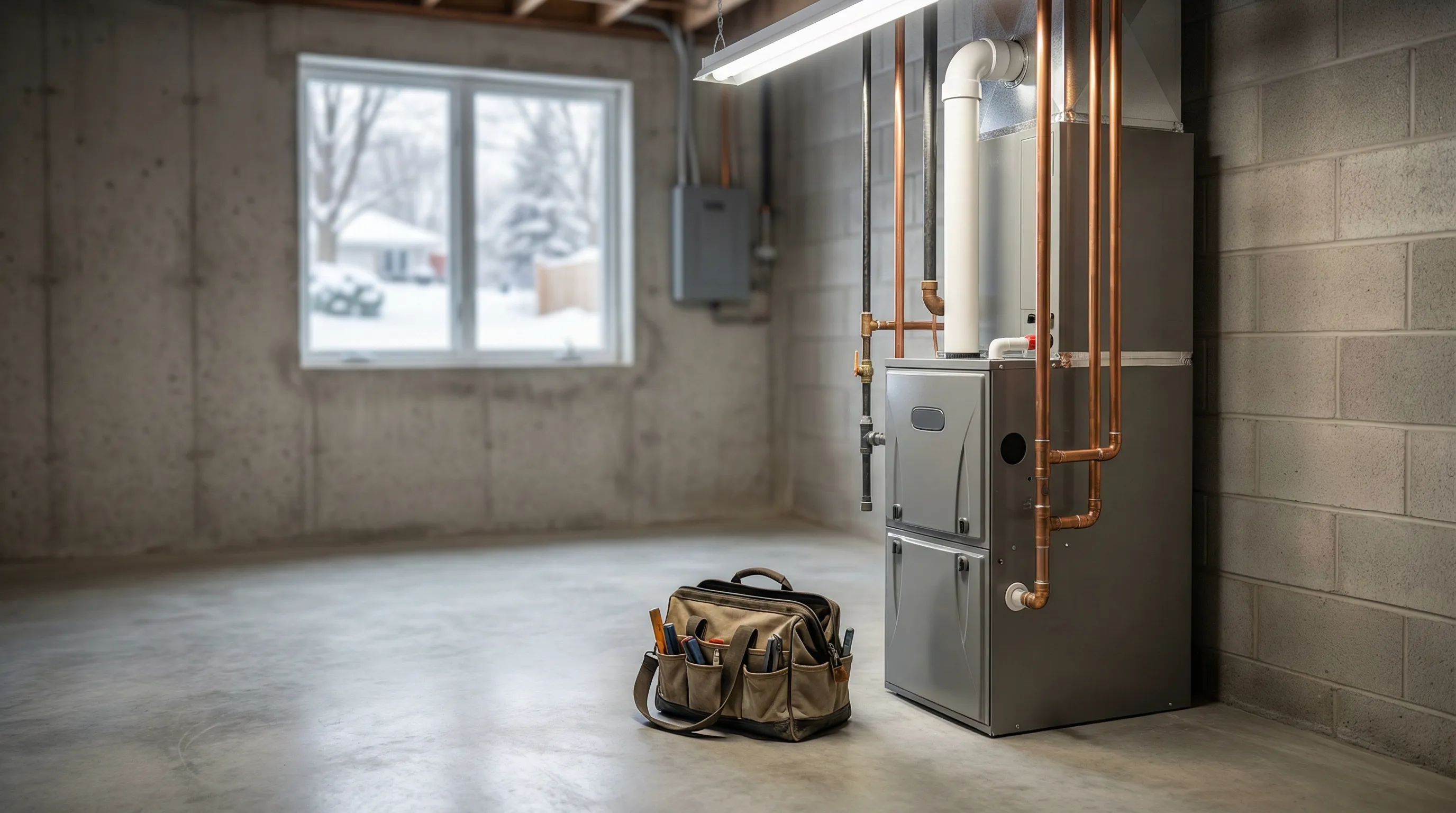 Professional HVAC technician servicing a residential furnace in a Madison, WI suburban home basement in winter