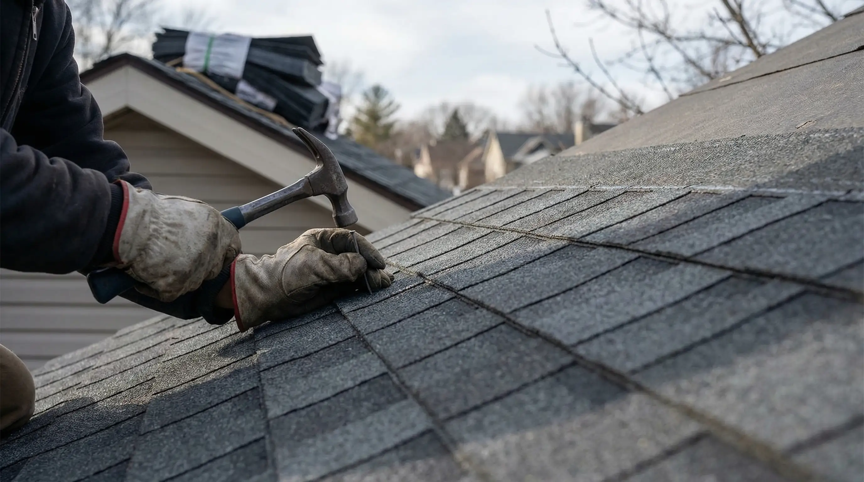 Professional roofing contractor installing architectural shingles on a residential home in Madison, WI with suburban neighborhood in background