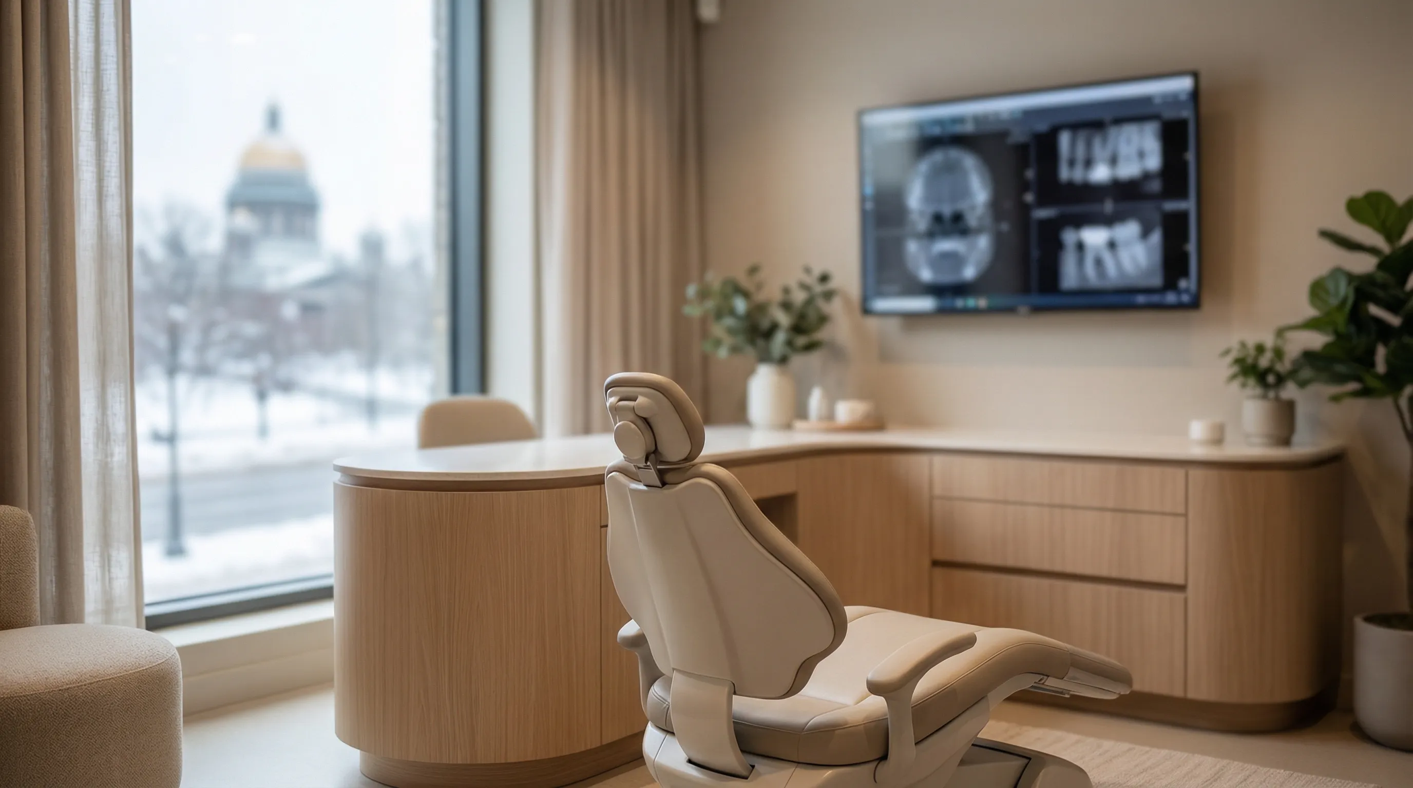 Modern dental consultation room in a Madison, WI dental practice with professional dentist reviewing treatment plan with patient