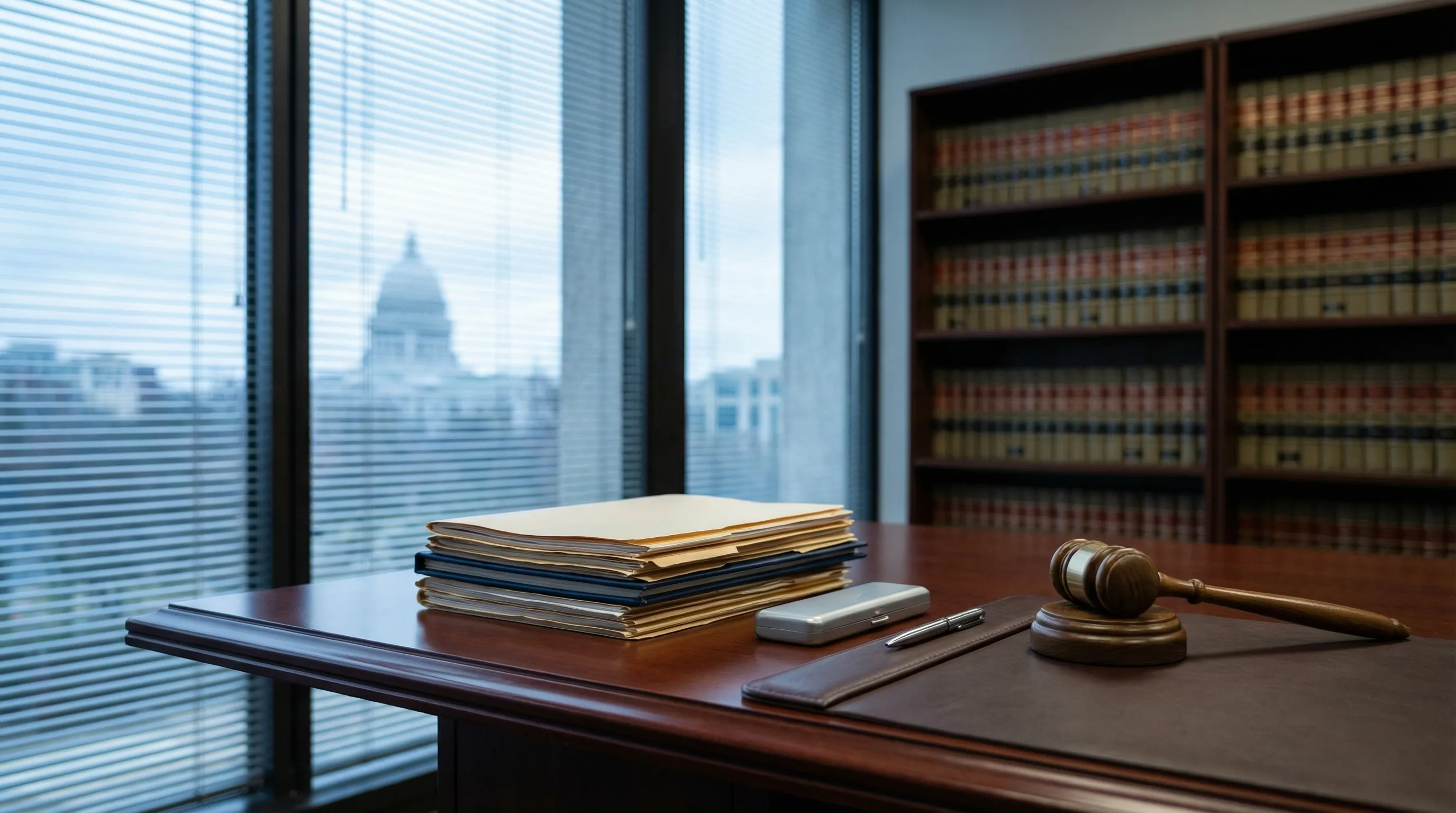 Professional law office interior in Madison, WI with Capitol dome visible through window, reflecting local legal expertise