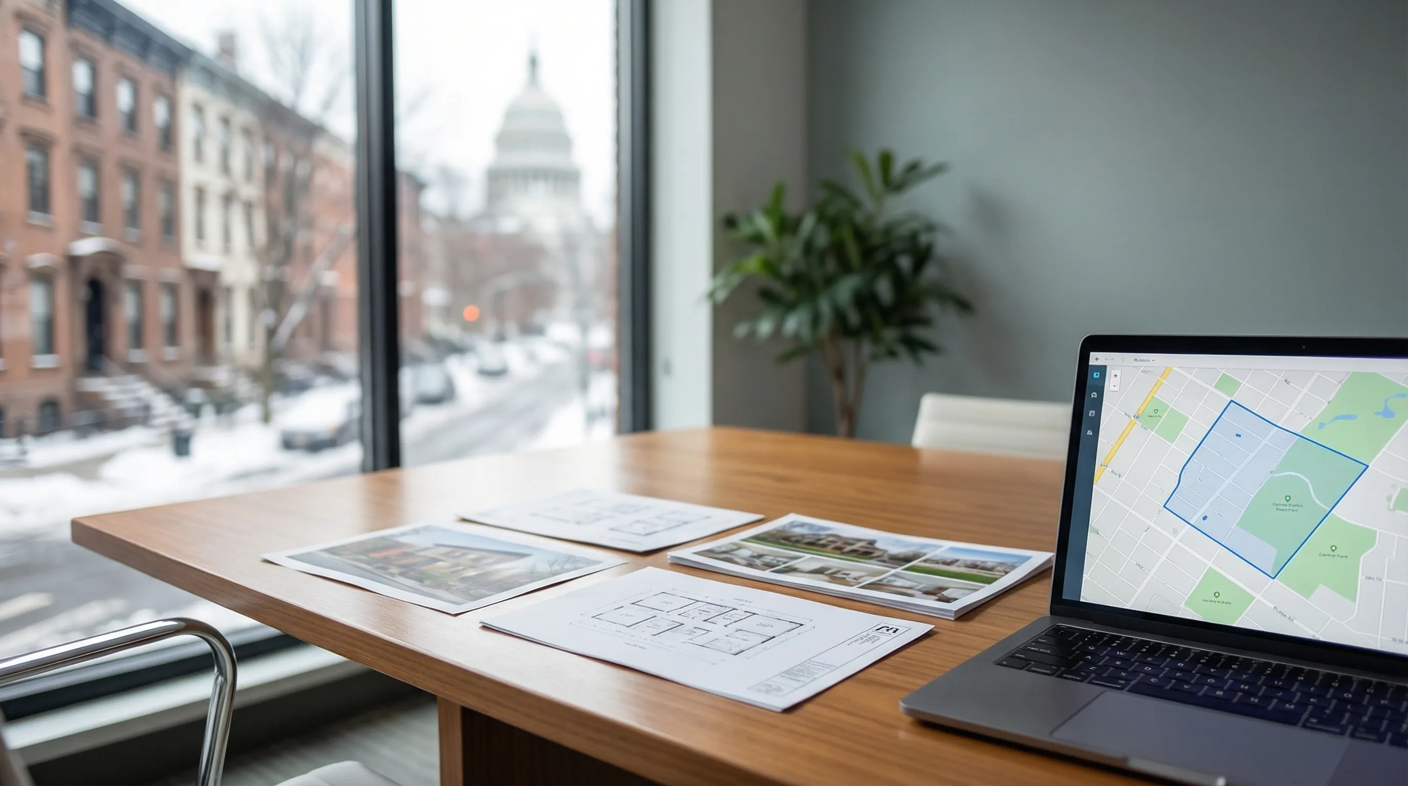 Professional real estate agent meeting with client couple at a modern conference table in Madison, WI office with city view