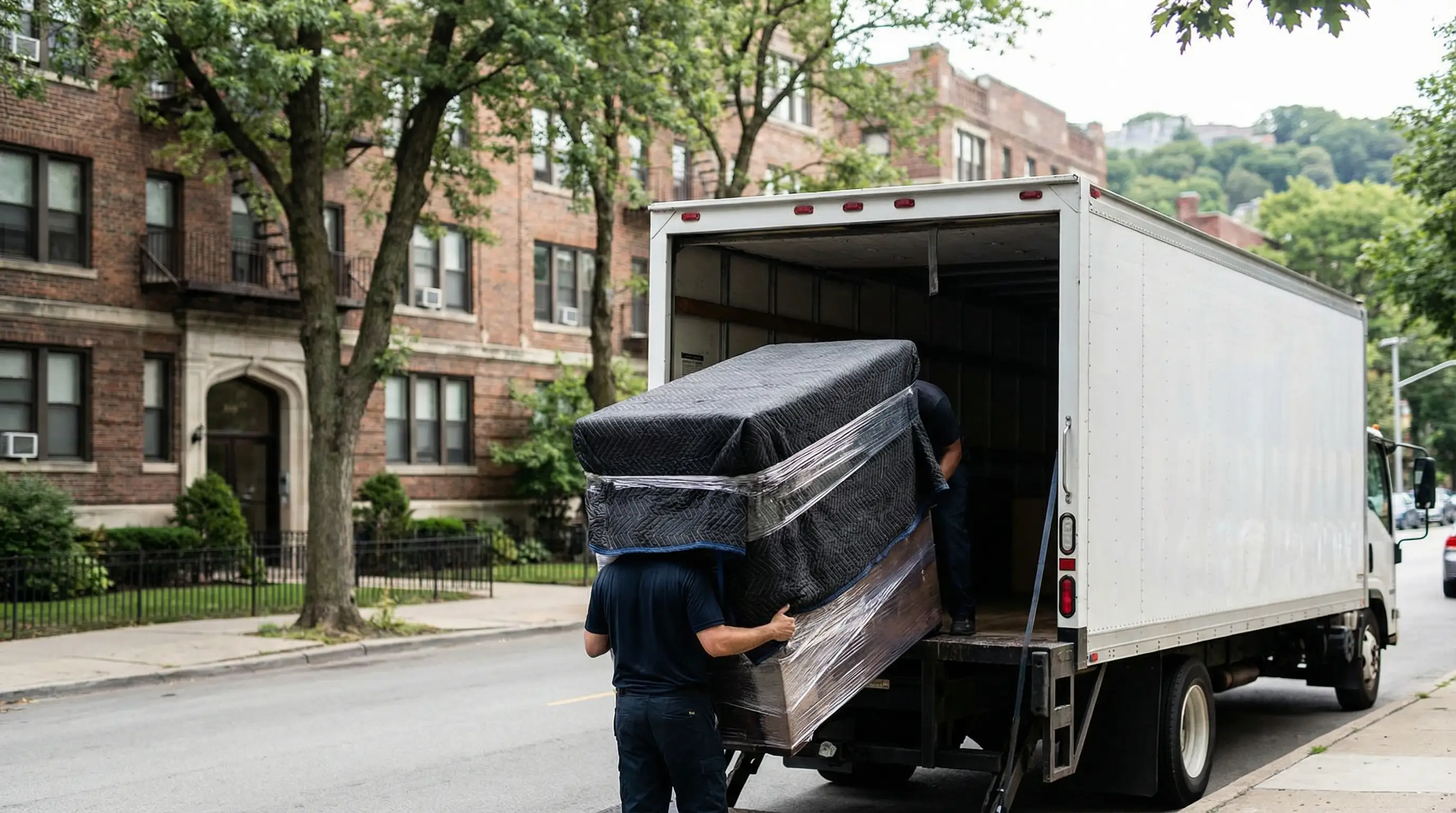 Professional movers in branded uniforms loading furniture into moving truck on a Madison, WI residential street with brick apartment building and mature trees