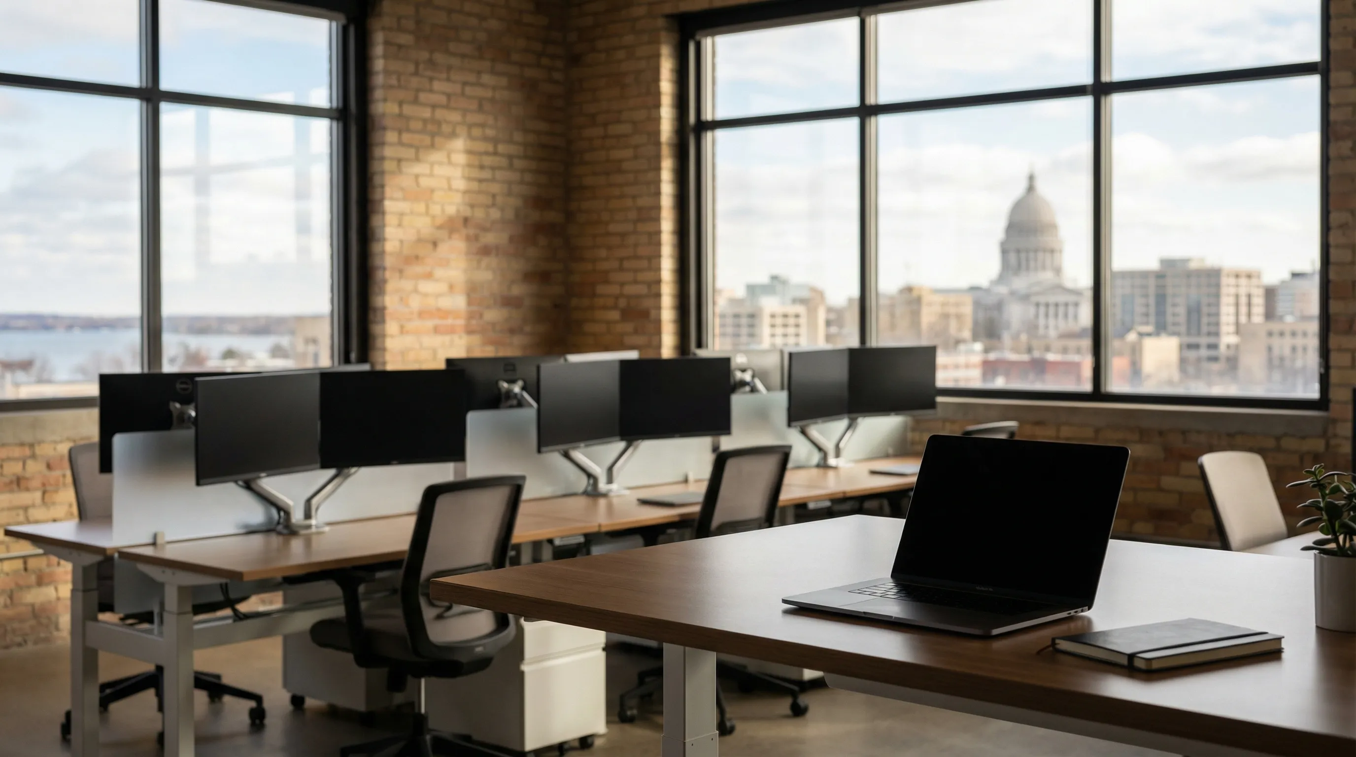 Software developer working at standing desk with multiple monitors showing code in a modern Madison, WI tech office with whiteboard architecture diagram visible