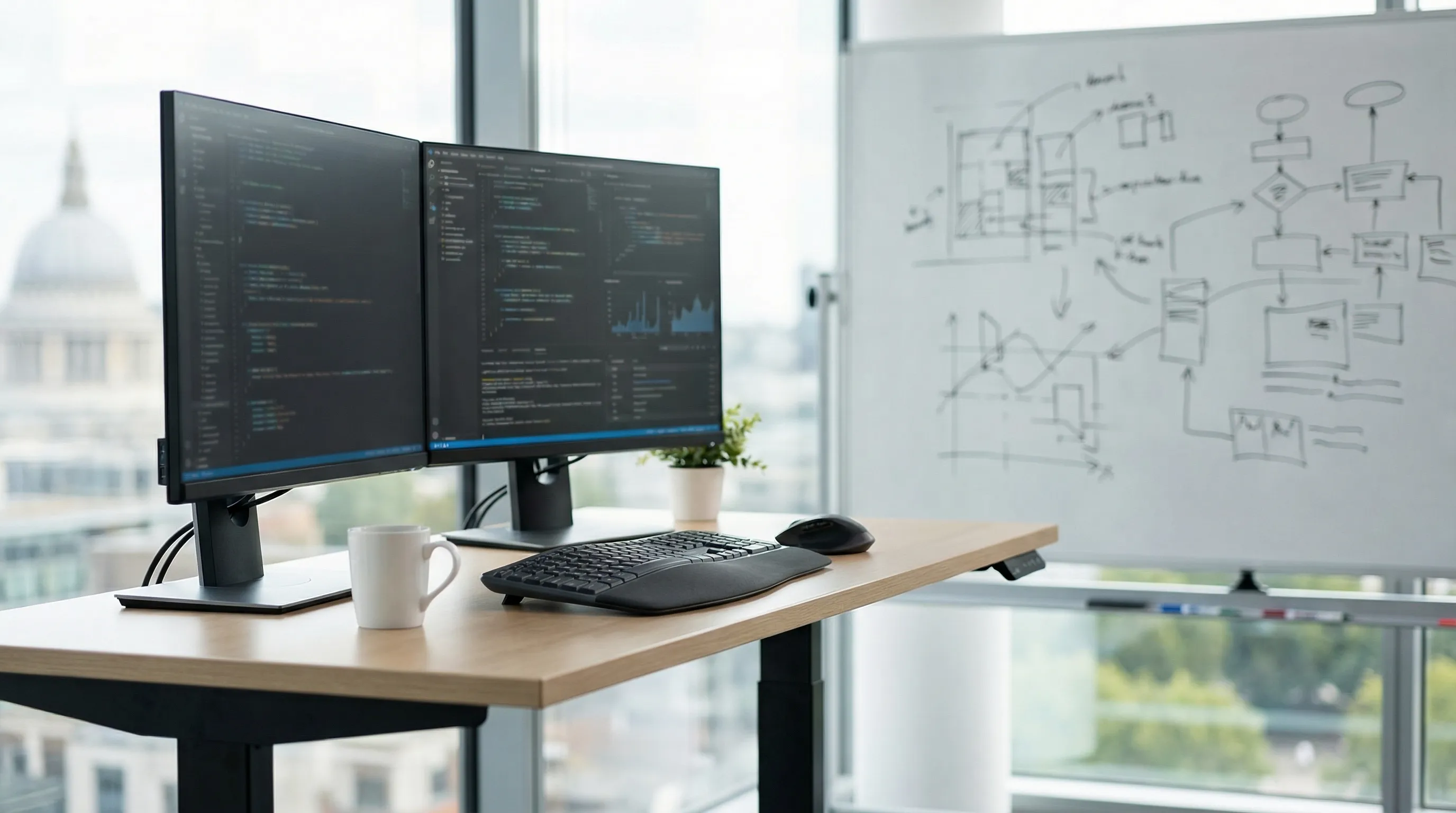 Software developer working at standing desk with multiple monitors showing code in a modern Madison, WI tech office with whiteboard architecture diagram visible