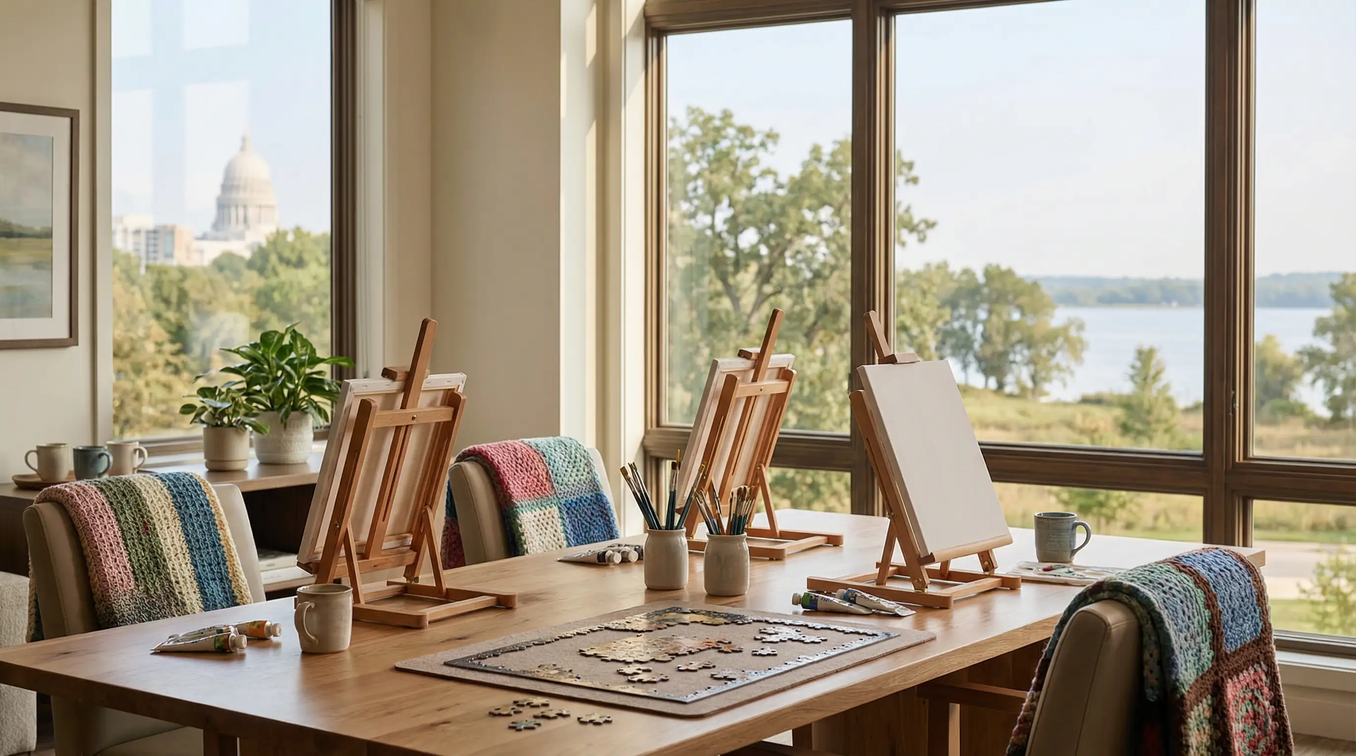 Home care professional sitting attentively with elderly woman in a well-kept Madison, WI home living room, both smiling in warm afternoon light through lace curtains