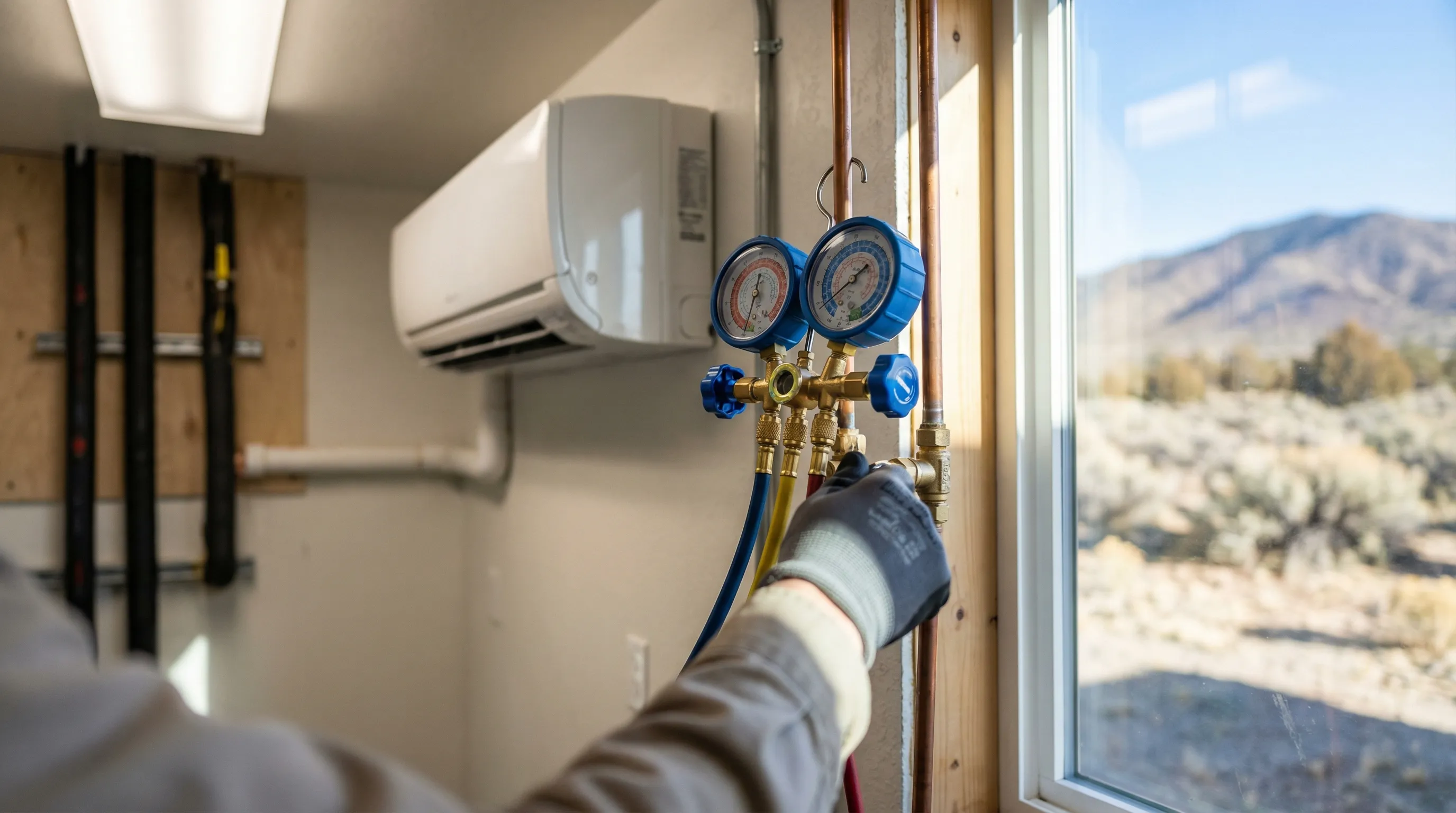 Professional HVAC technician servicing a rooftop air conditioning unit in Reno, NV with Sierra Nevada mountains in background