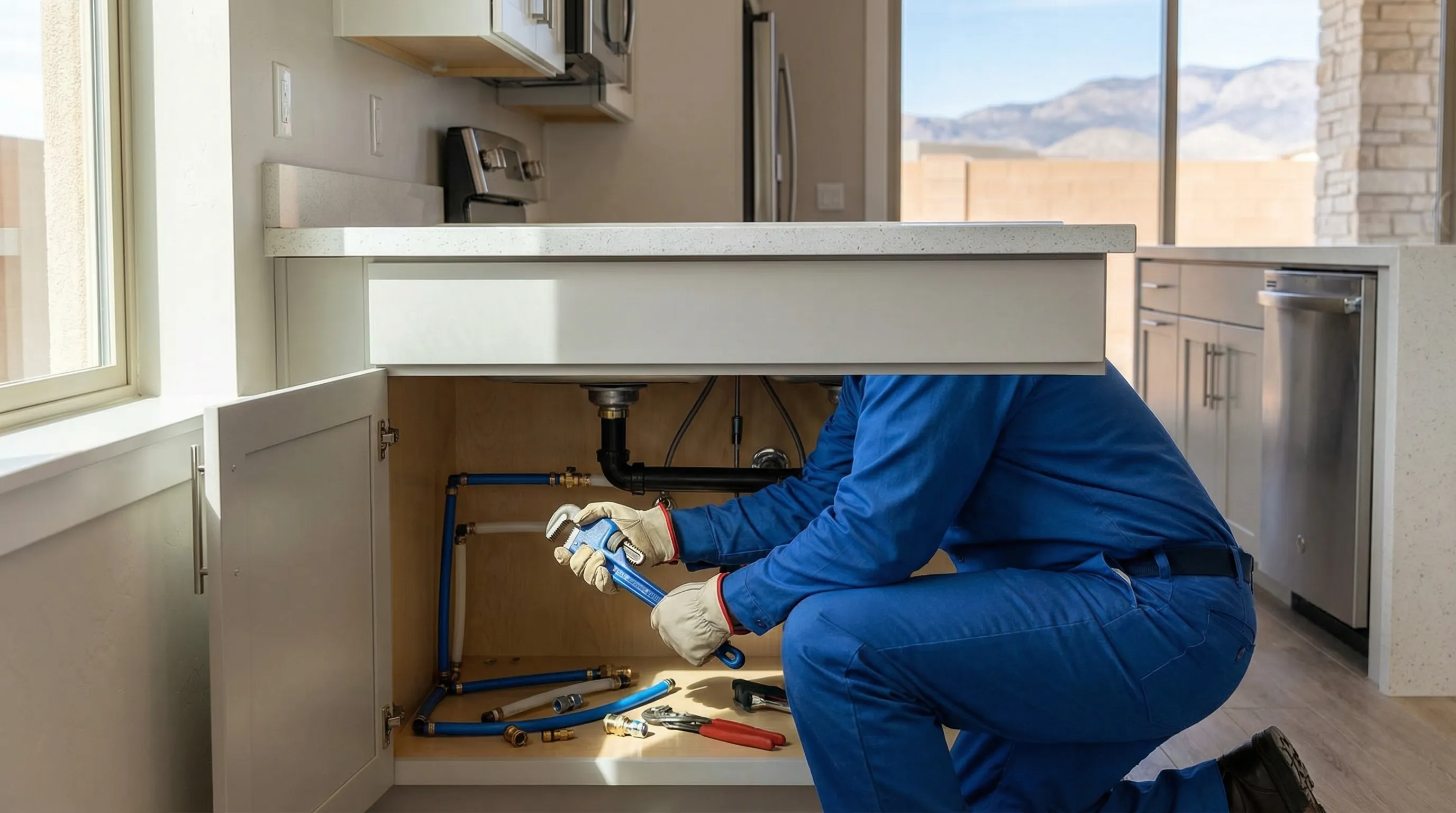 Professional plumber installing tankless water heater in modern Reno, NV home utility room with organized tools and clean work environment