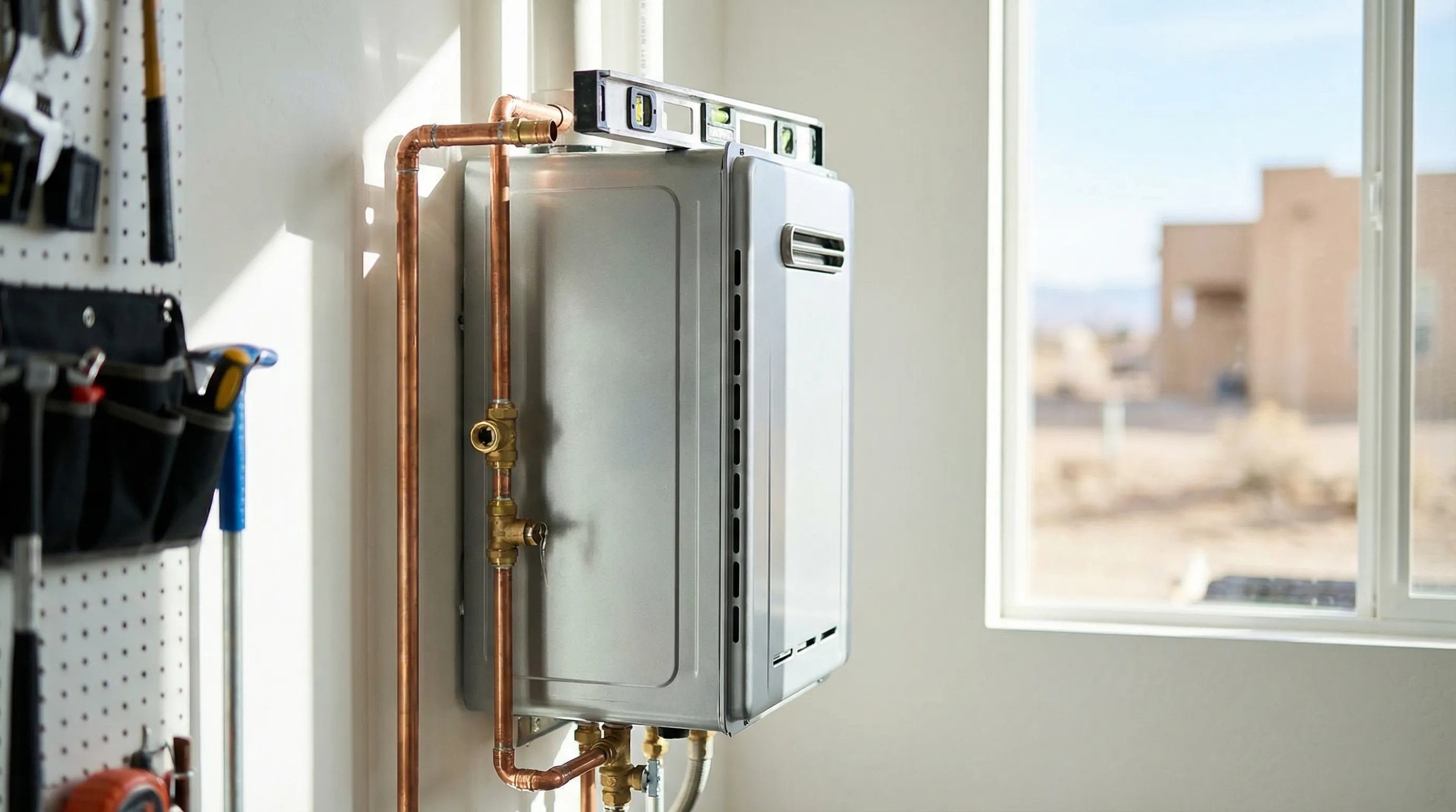 Professional plumber installing tankless water heater in modern Reno, NV home utility room with organized tools and clean work environment