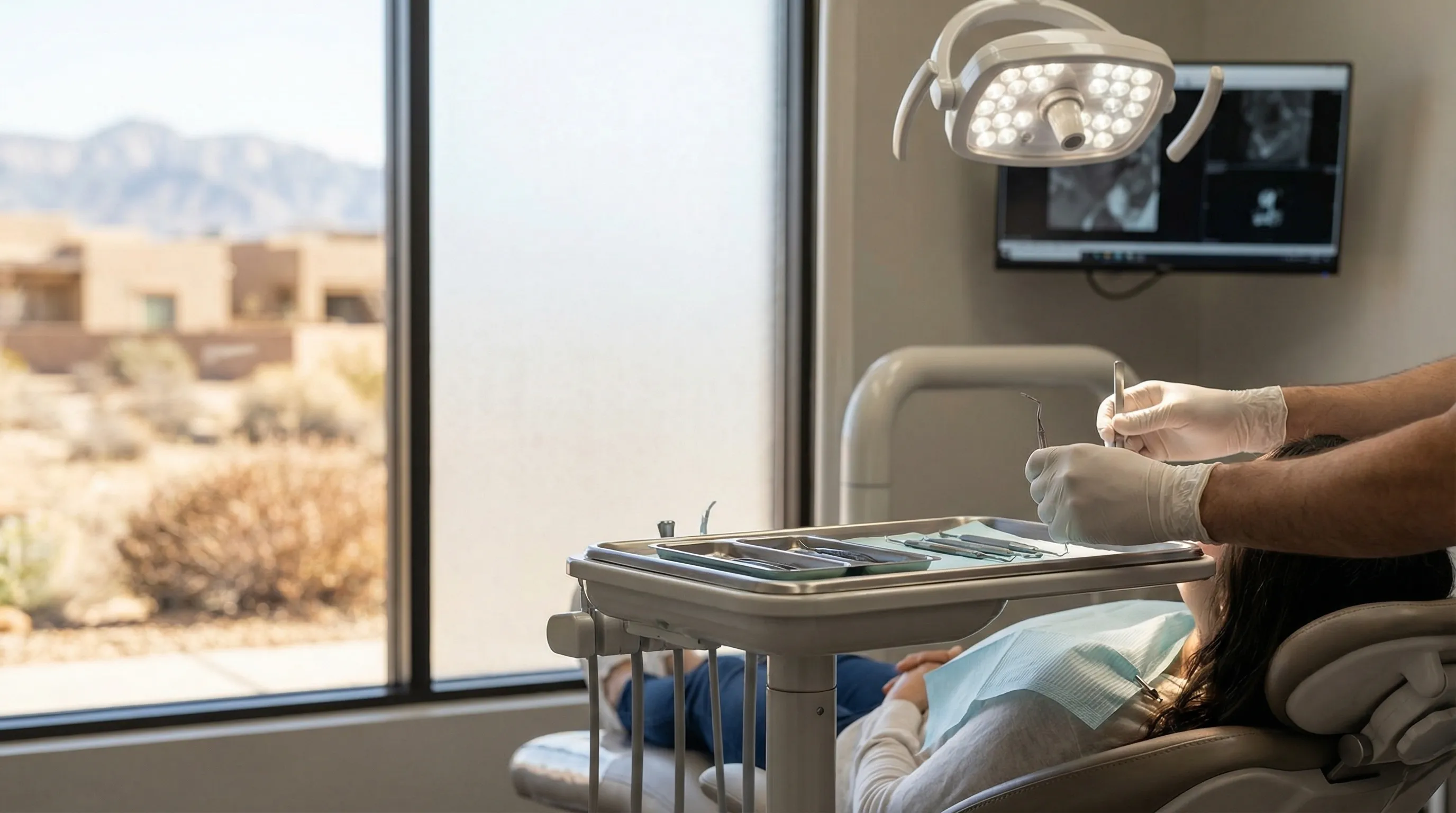 Modern dental office treatment room in Reno, NV with professional dentist and patient in clean clinical setting and Nevada natural light
