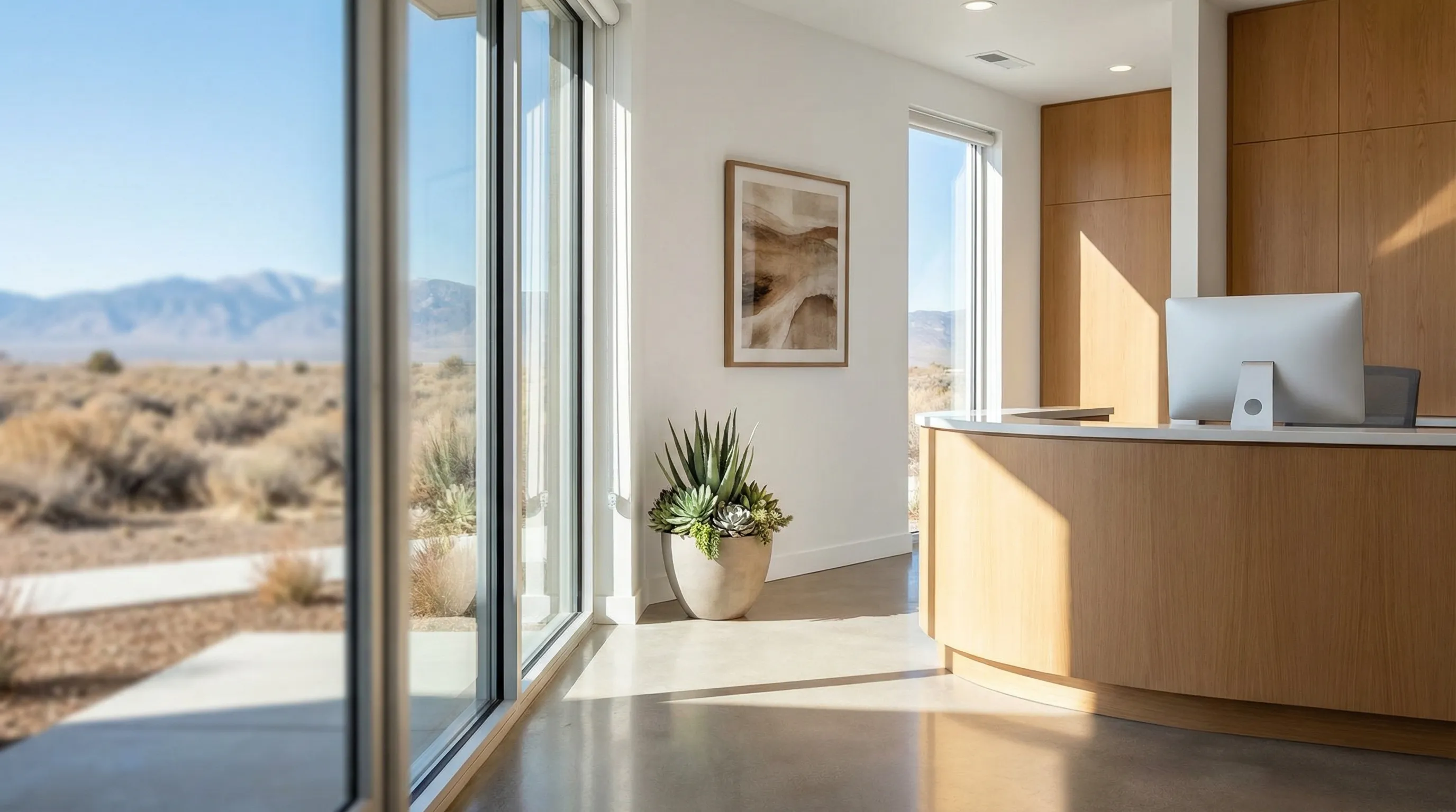 Modern dental office treatment room in Reno, NV with professional dentist and patient in clean clinical setting and Nevada natural light