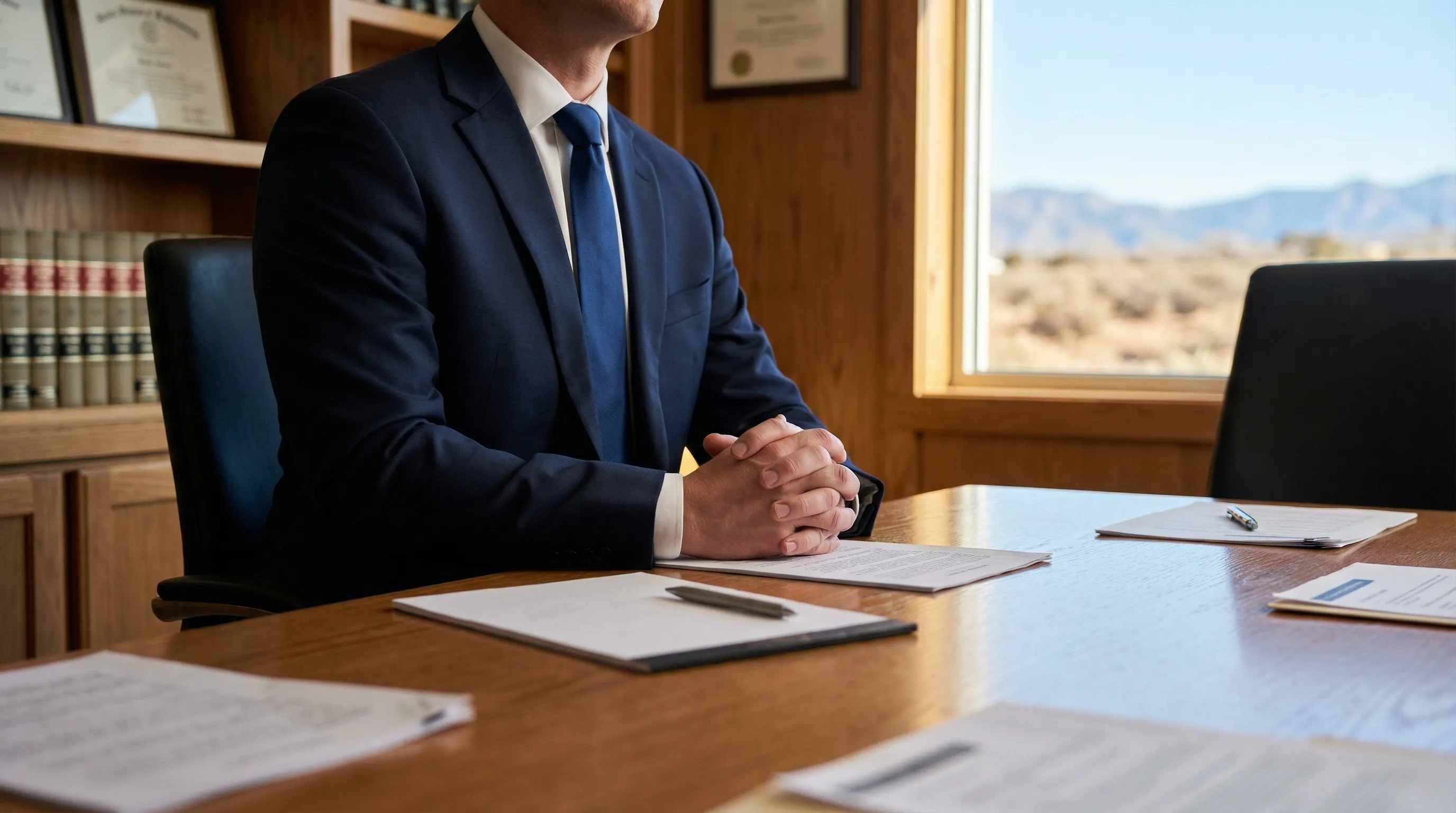 Professional Reno law office with attorney at conference table in downtown Nevada setting