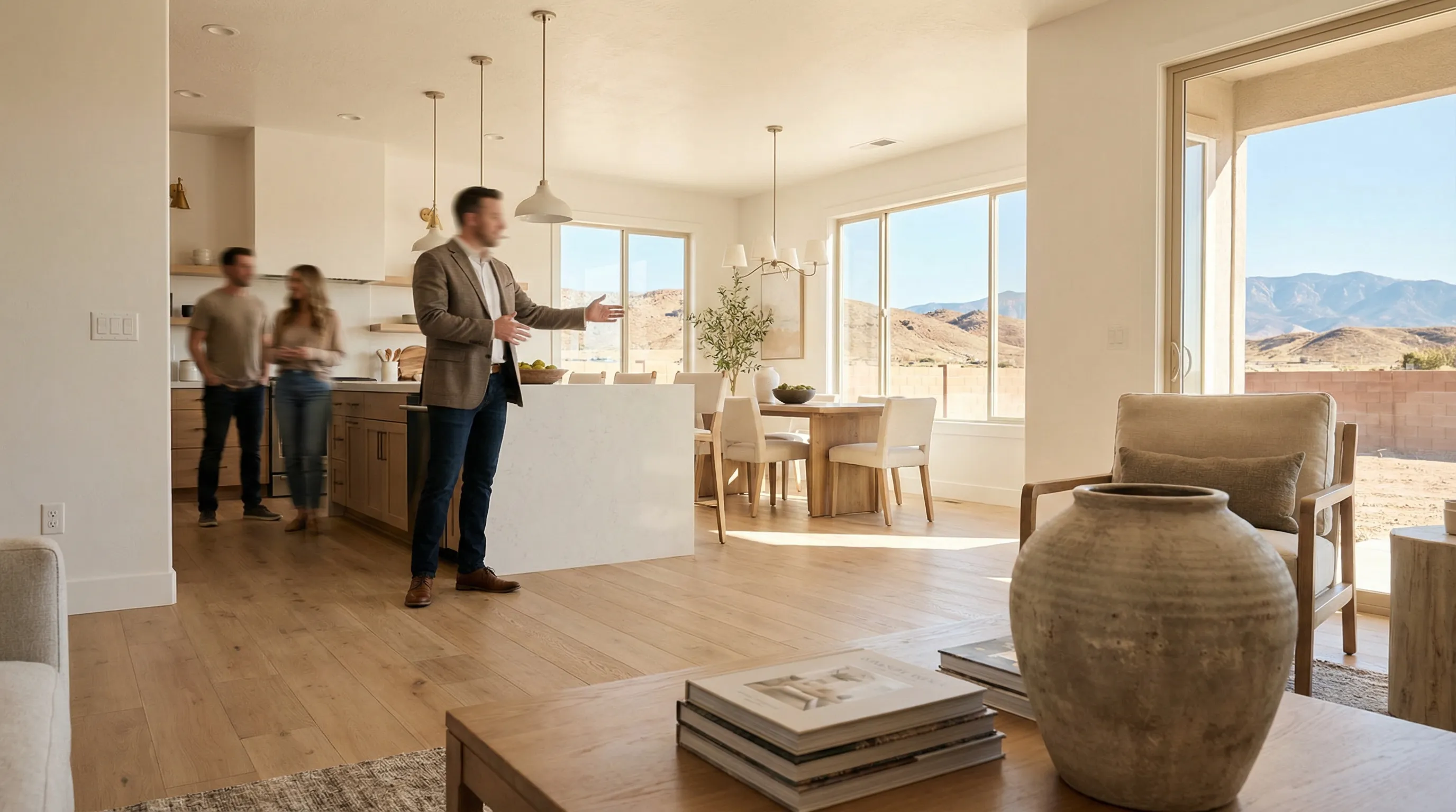 Reno Nevada real estate agent showing modern home interior to buyers with Sierra Nevada mountain backdrop