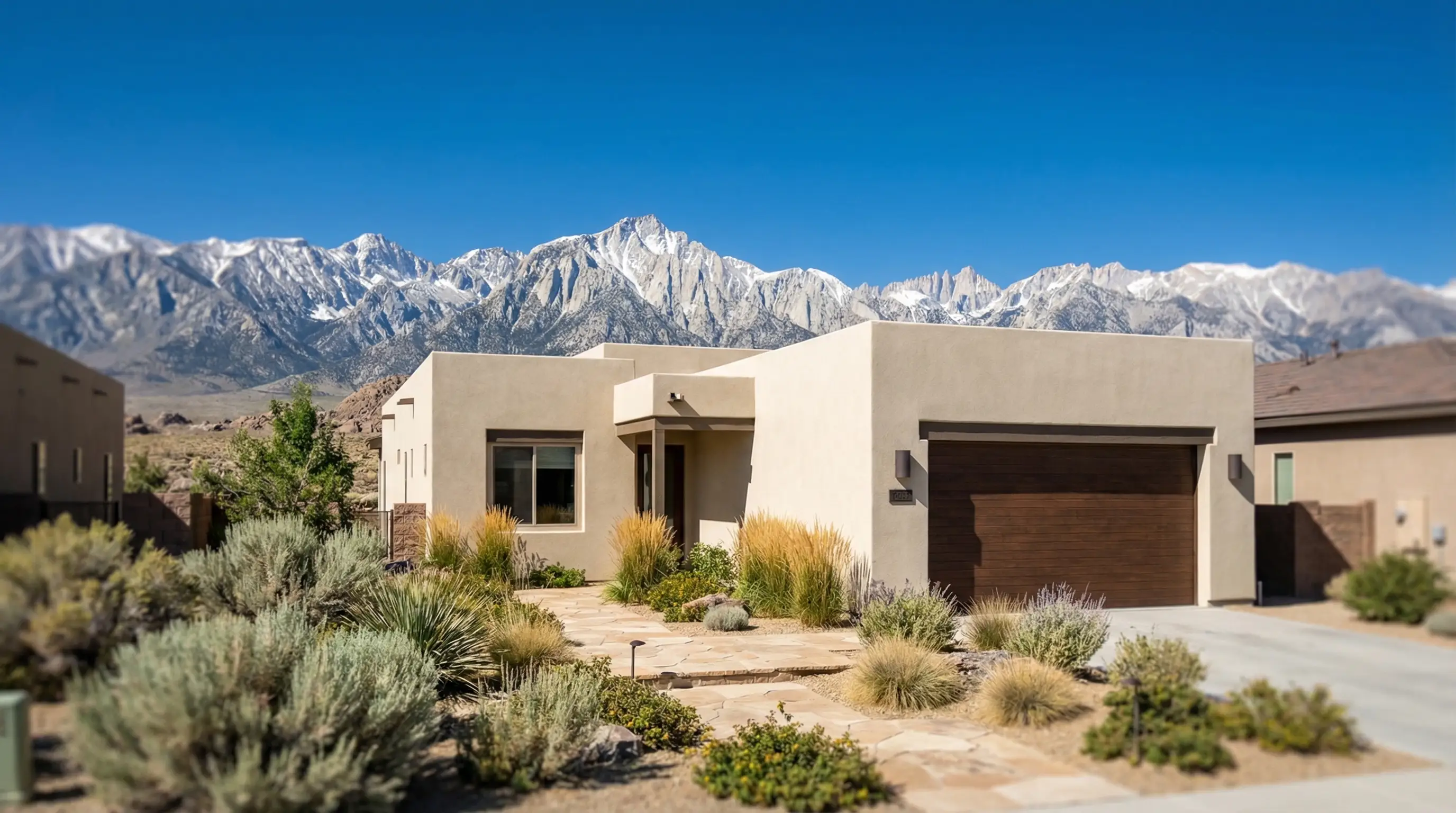 Reno Nevada real estate agent showing modern home interior to buyers with Sierra Nevada mountain backdrop