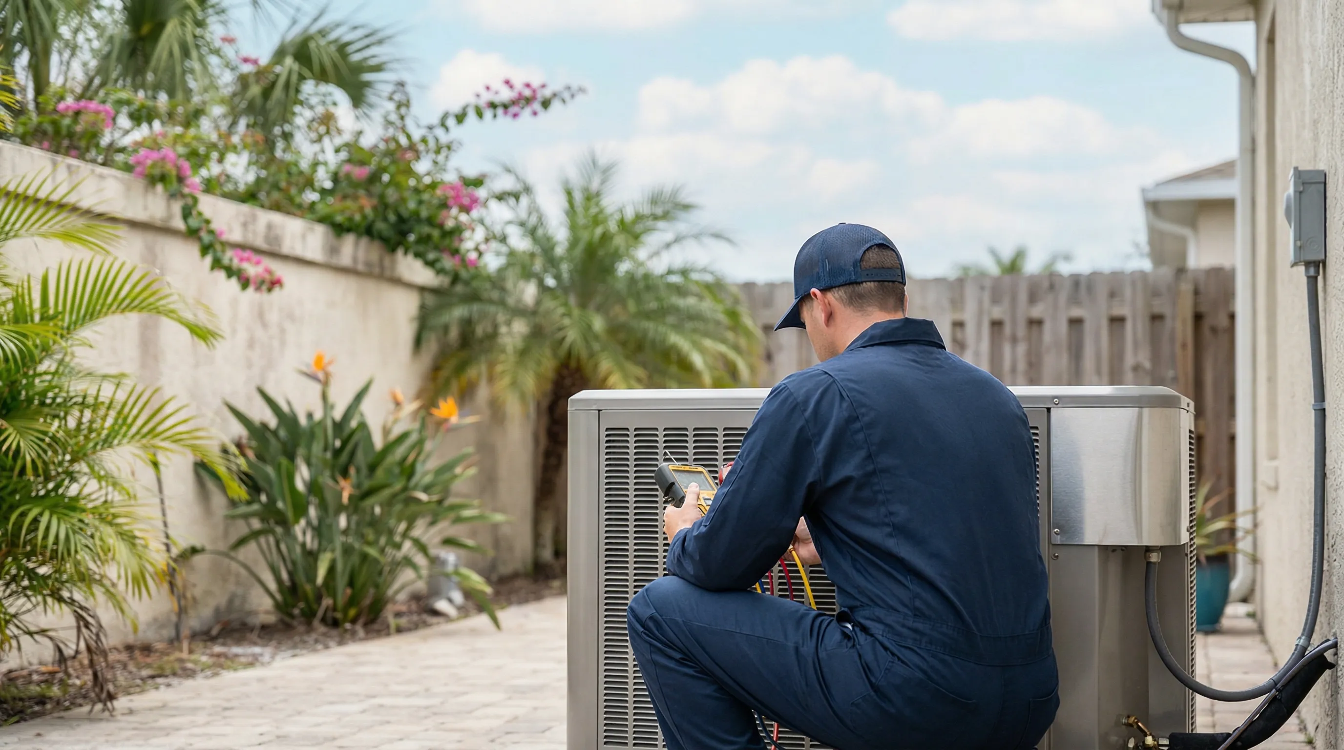 Professional HVAC technician servicing residential AC unit in St. Petersburg FL coastal backyard