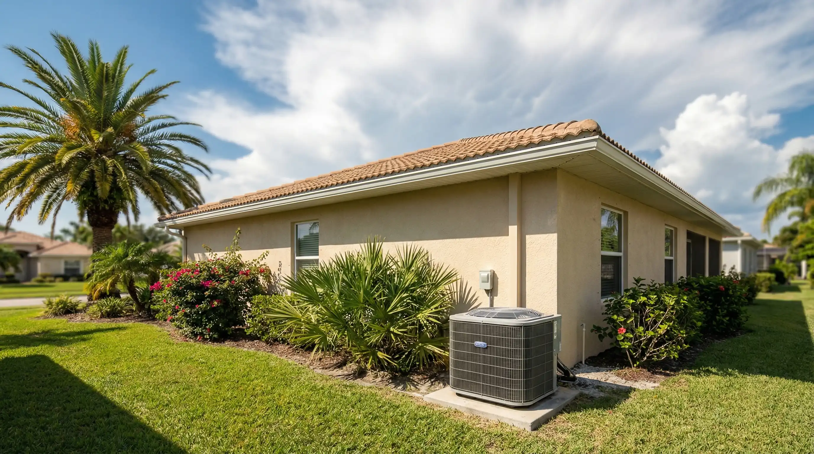 Professional HVAC technician servicing residential AC unit in St. Petersburg FL coastal backyard