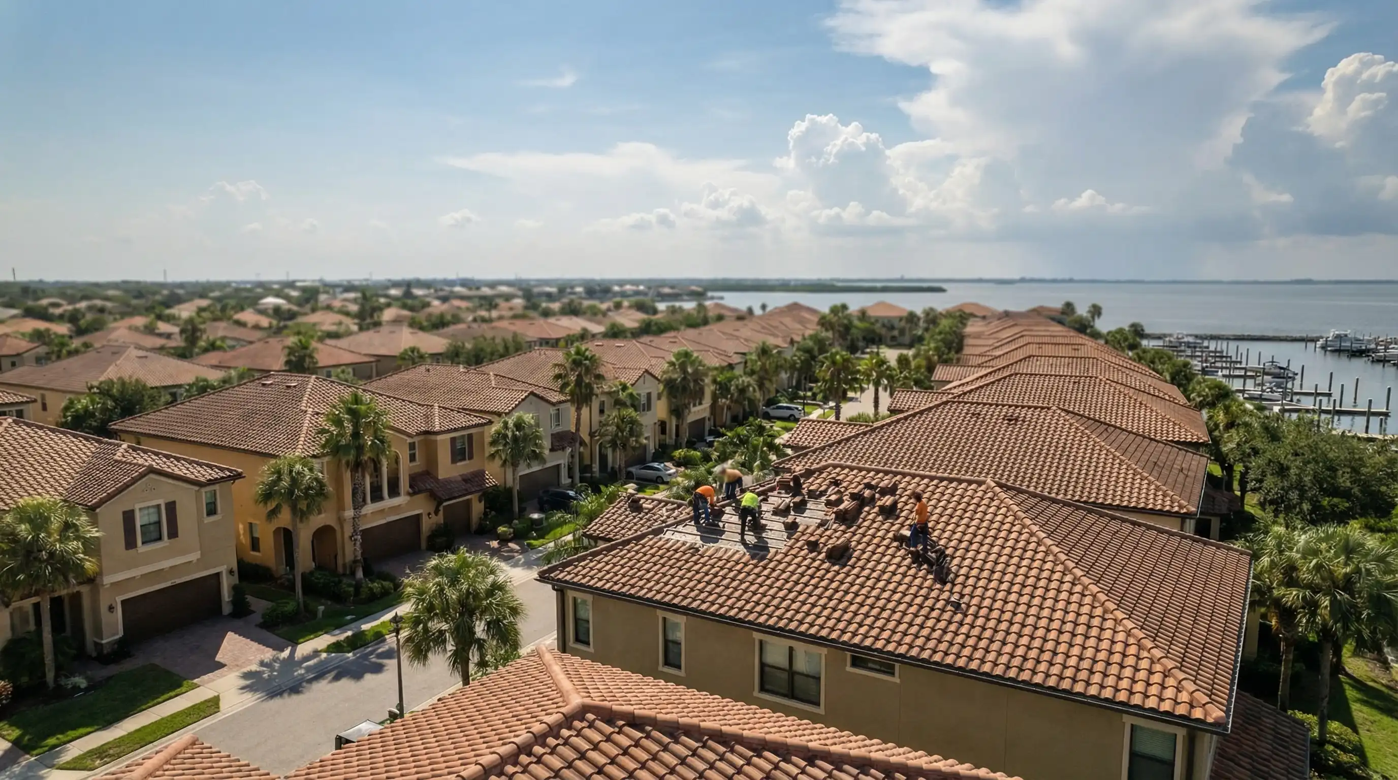 Roofing contractor installing tile roof on Spanish-style St. Petersburg FL home under Gulf Coast blue sky