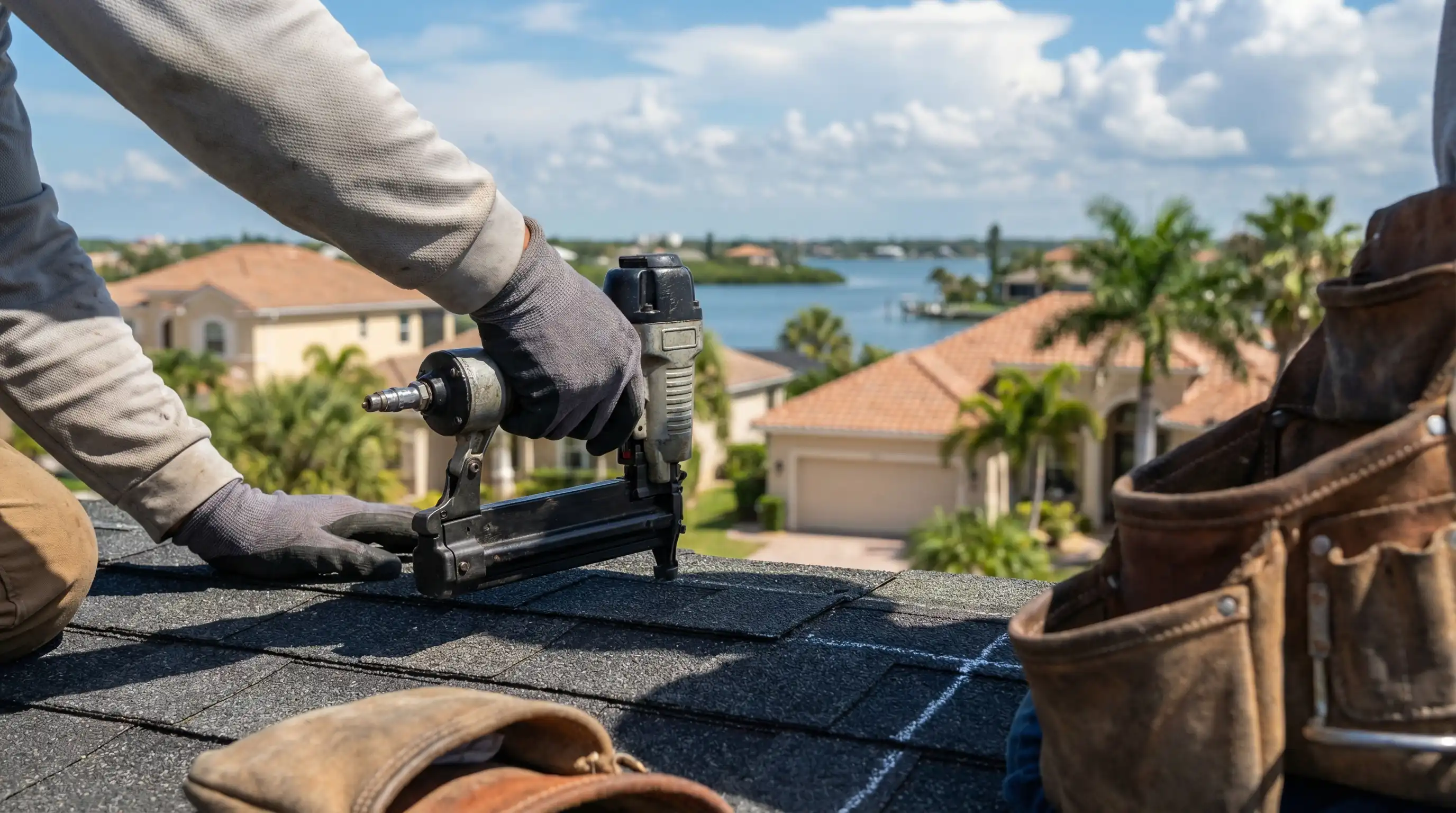 Roofing contractor installing tile roof on Spanish-style St. Petersburg FL home under Gulf Coast blue sky