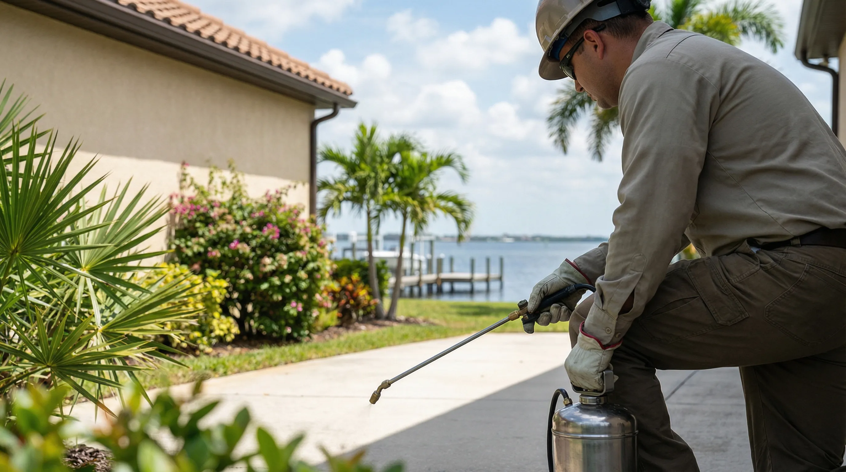 Pest control technician treating foundation perimeter of residential home in St. Petersburg FL with tropical landscaping visible