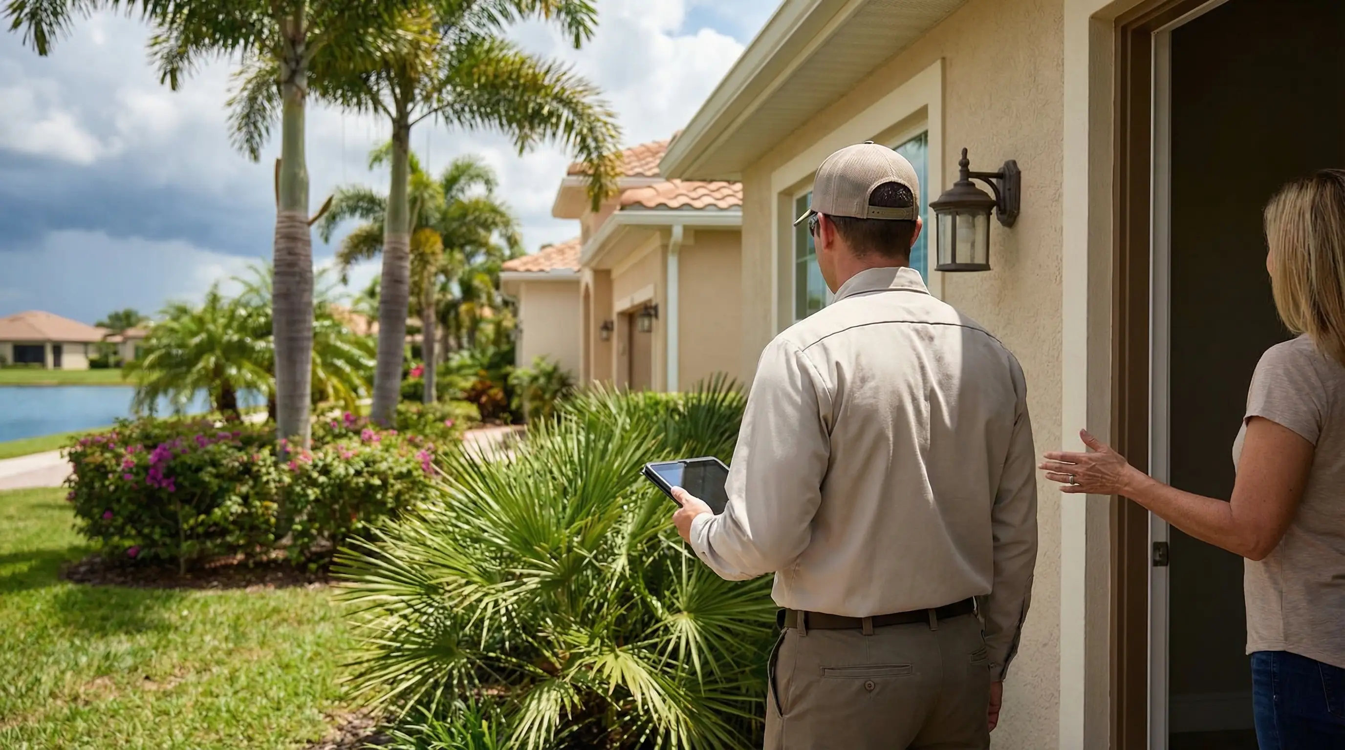 Pest control technician treating foundation perimeter of residential home in St. Petersburg FL with tropical landscaping visible