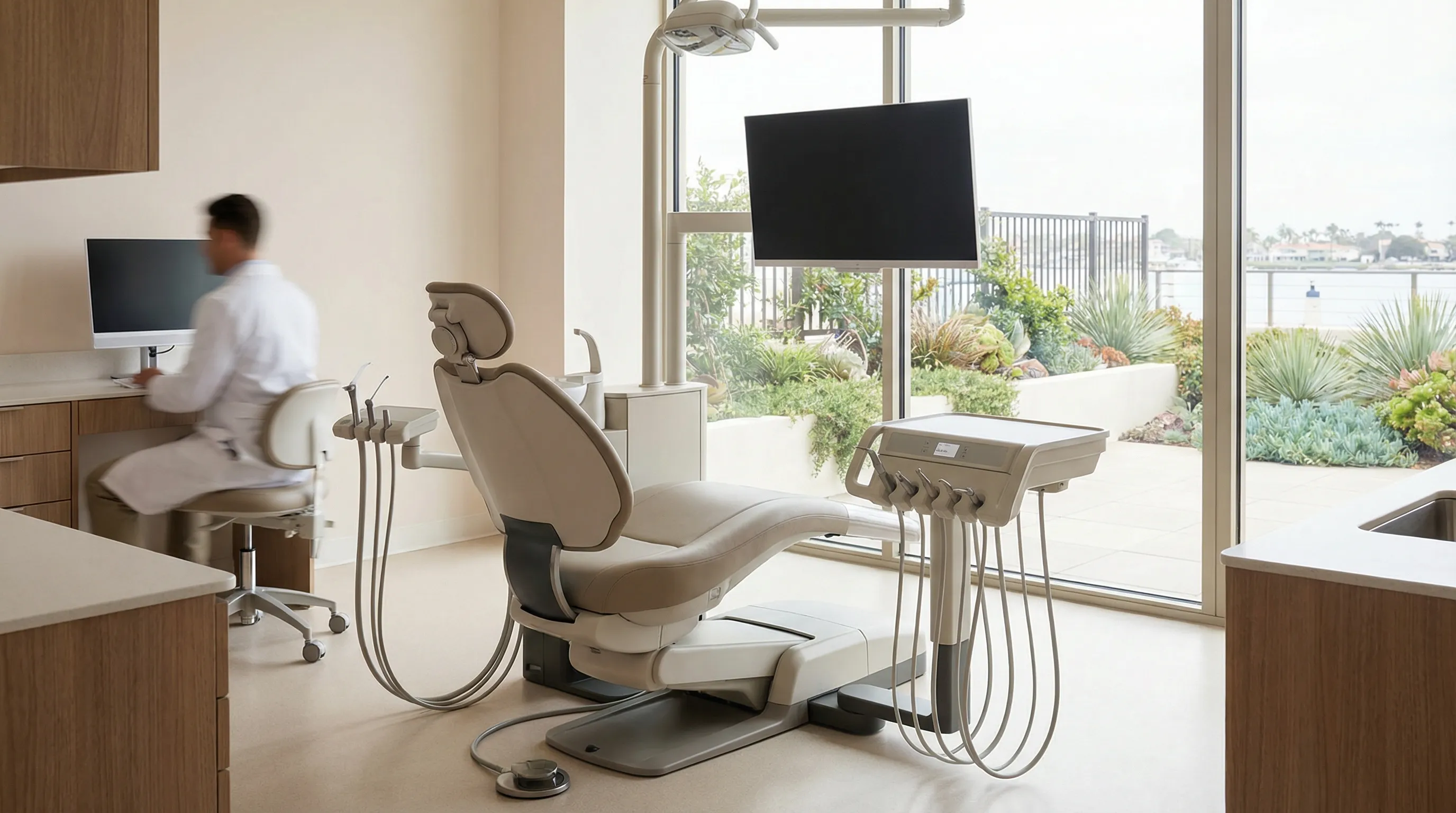 Modern dental treatment room interior in St. Petersburg FL with patient in chair and professional dental staff