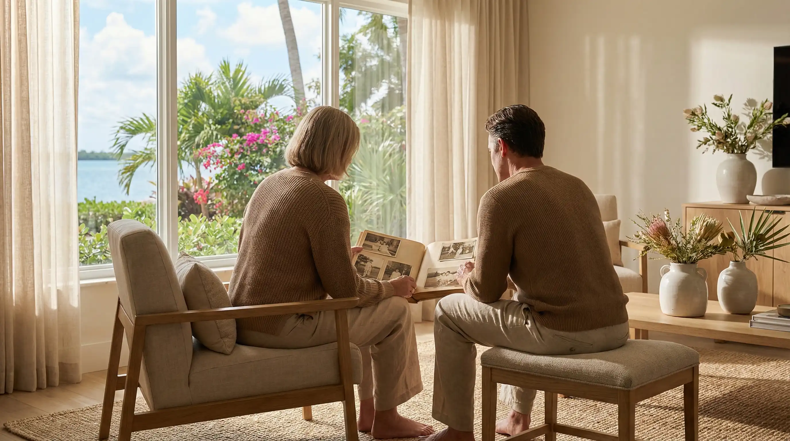 Professional caregiver in scrubs welcomed at the front door of a warm Florida bungalow in St. Petersburg FL with tropical landscaping and Gulf Coast afternoon light