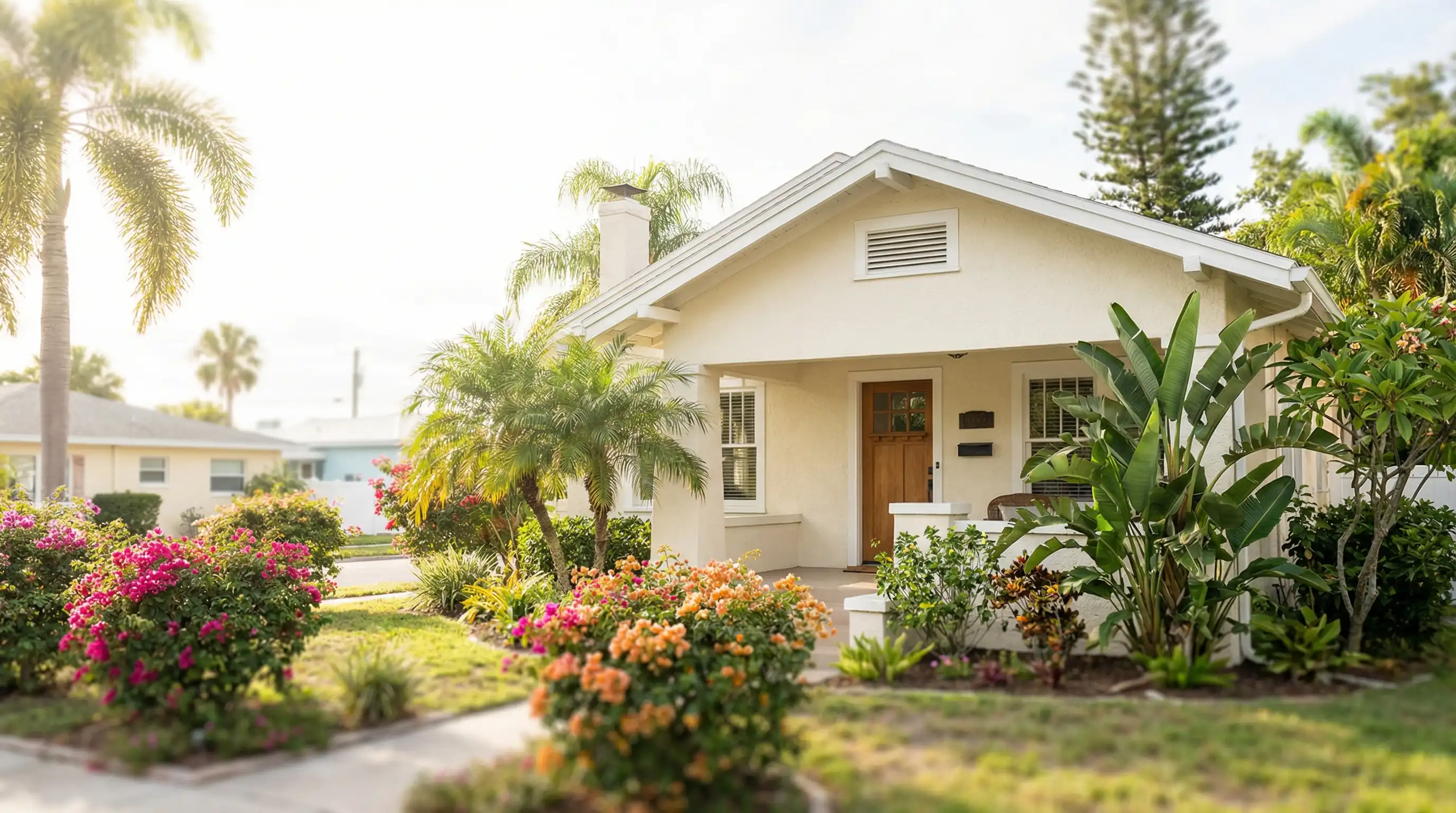 Professional caregiver in scrubs welcomed at the front door of a warm Florida bungalow in St. Petersburg FL with tropical landscaping and Gulf Coast afternoon light