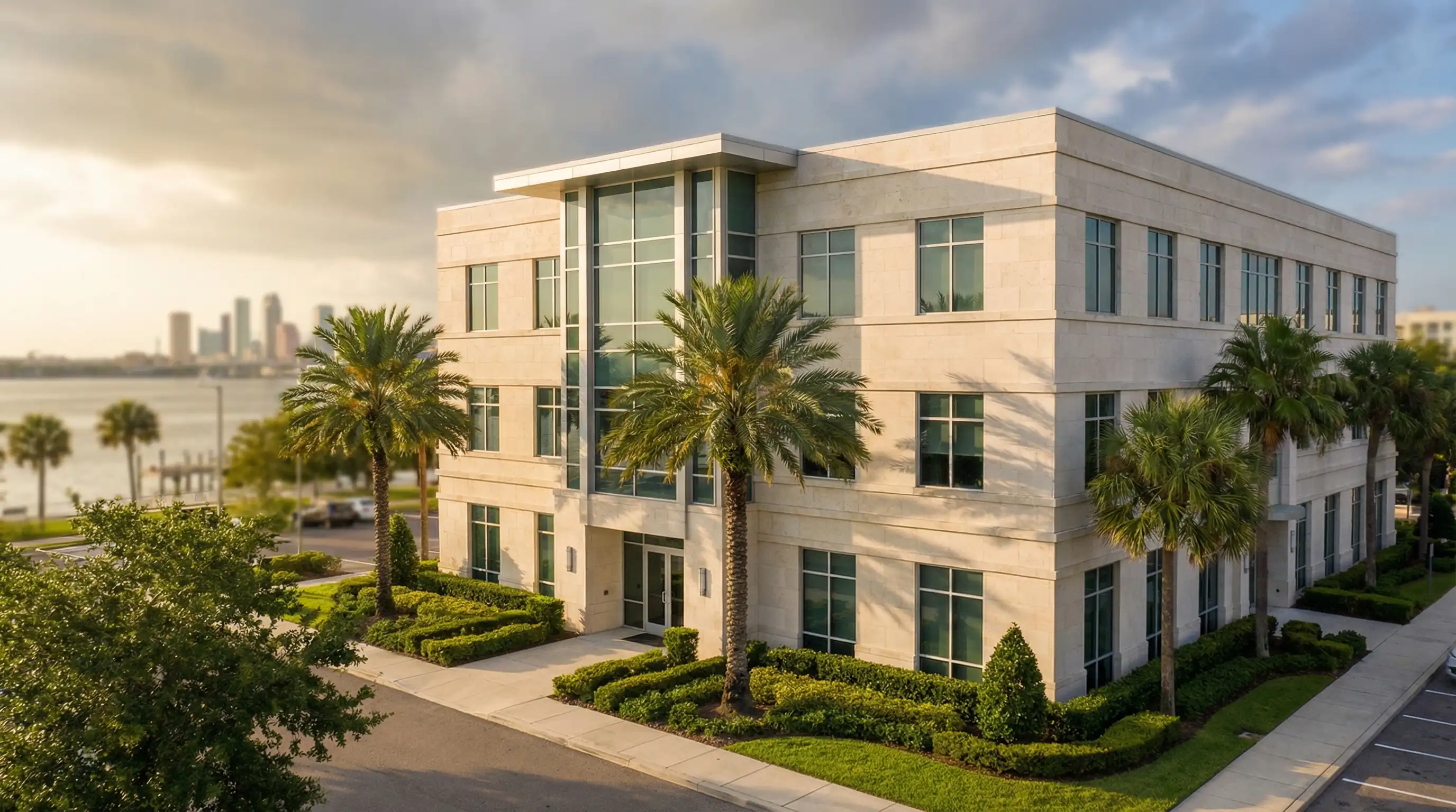 Professional law office exterior in downtown St. Petersburg FL with modern architecture, professional landscaping, and Tampa Bay waterfront visible in background