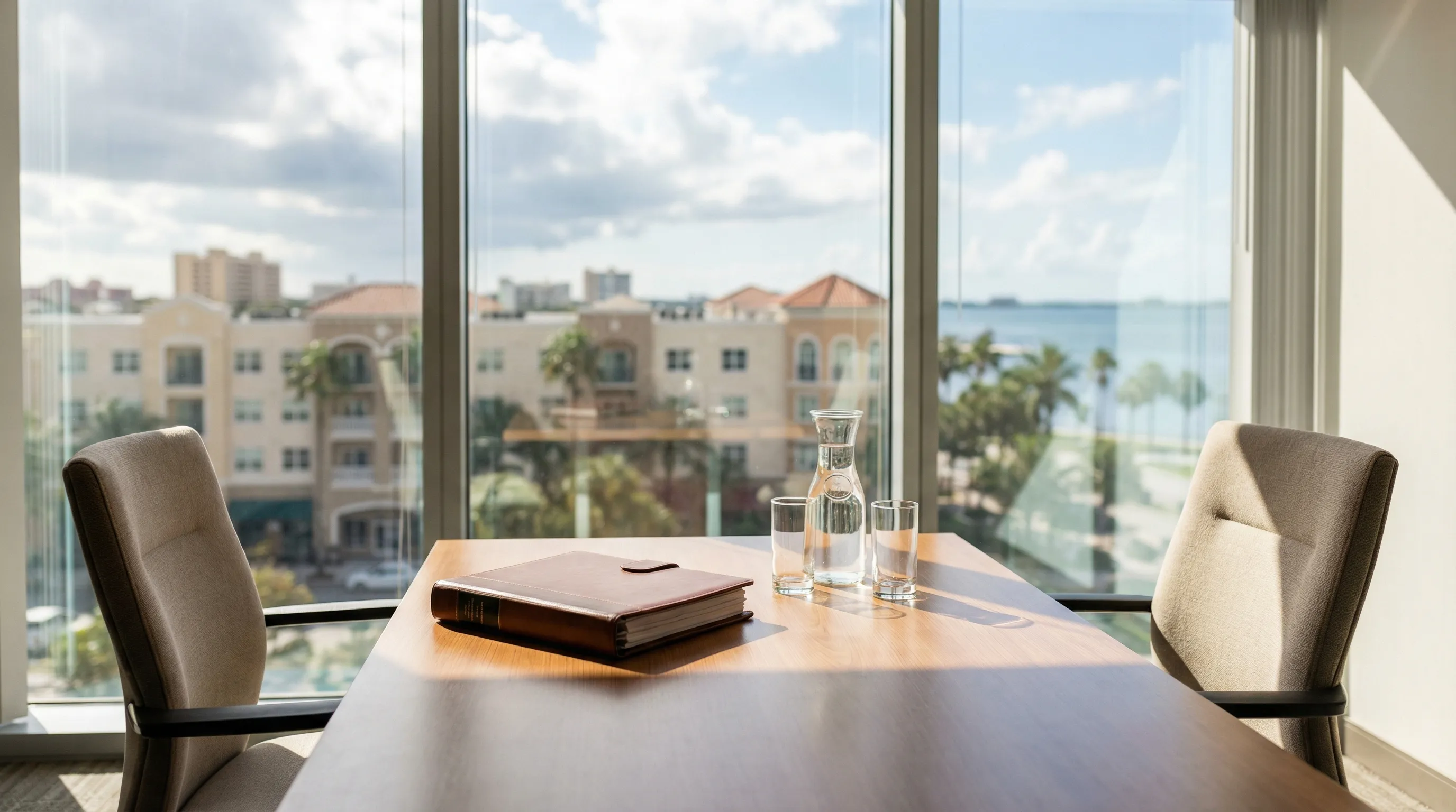Professional law office exterior in downtown St. Petersburg FL with modern architecture, professional landscaping, and Tampa Bay waterfront visible in background