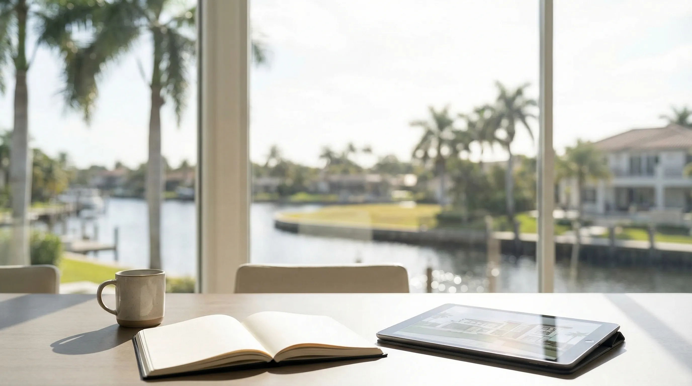 Aerial view of a St. Petersburg waterfront neighborhood with Spanish Mediterranean homes lining a canal, tropical landscaping, and Tampa Bay visible in the background