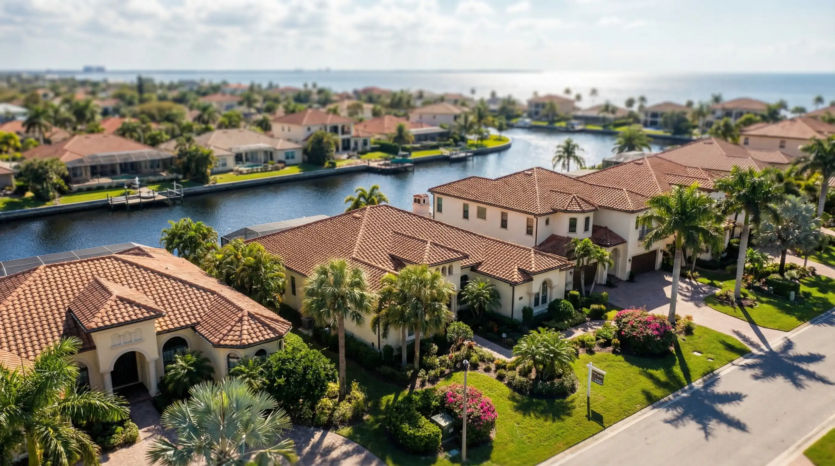 Aerial view of a St. Petersburg waterfront neighborhood with Spanish Mediterranean homes lining a canal, tropical landscaping, and Tampa Bay visible in the background