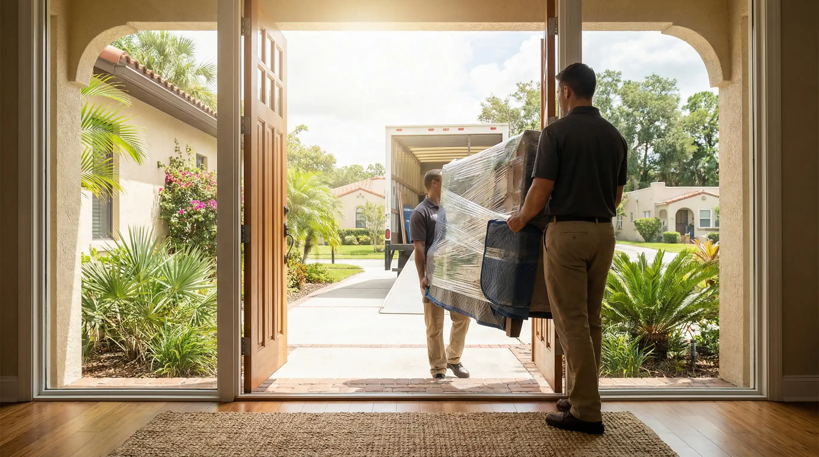 Professional moving crew loading wrapped furniture into a moving truck parked in front of a stucco-sided St. Petersburg home on a sunny Florida morning with palm trees and tropical landscaping