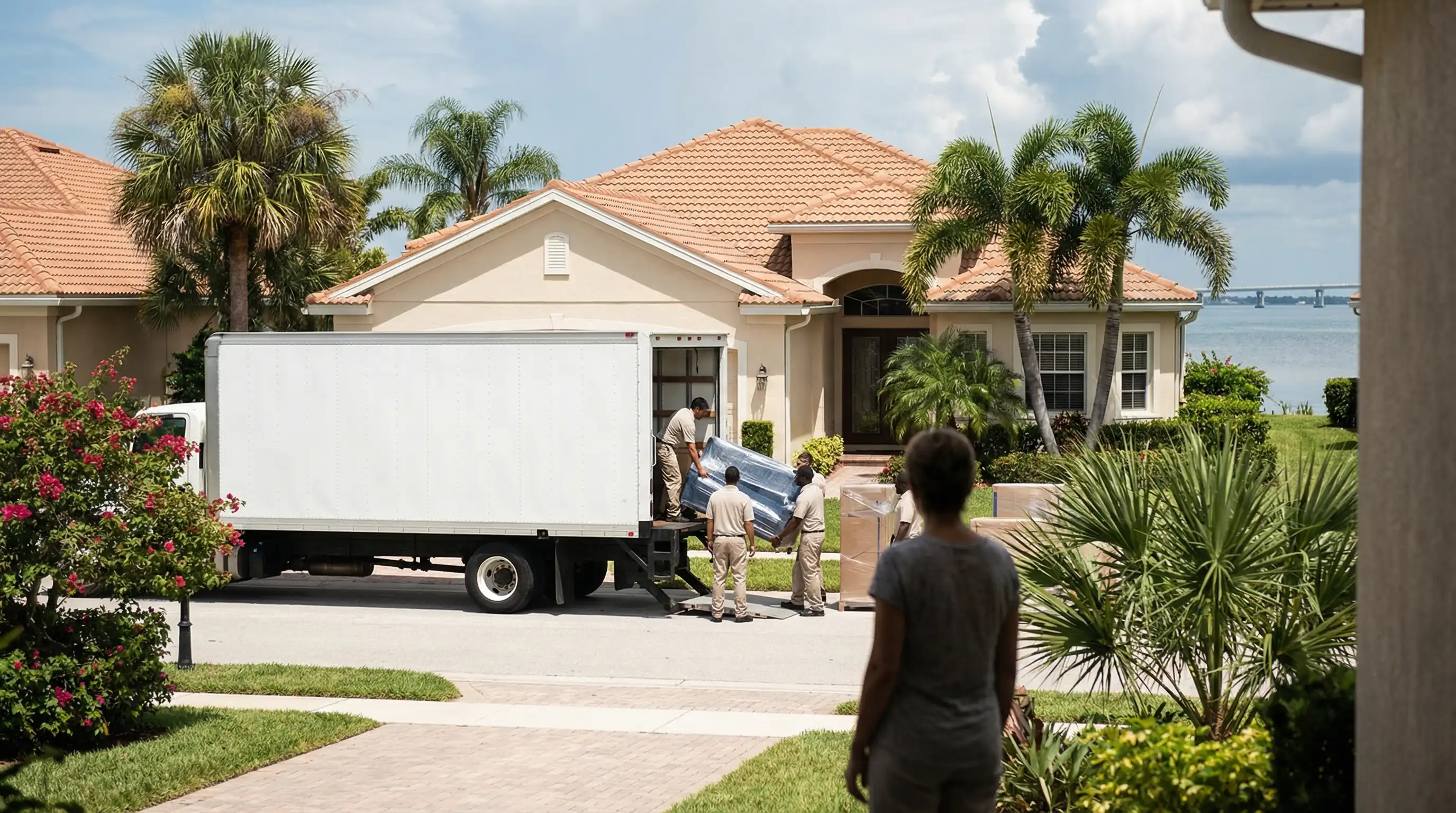 Professional moving crew loading wrapped furniture into a moving truck parked in front of a stucco-sided St. Petersburg home on a sunny Florida morning with palm trees and tropical landscaping
