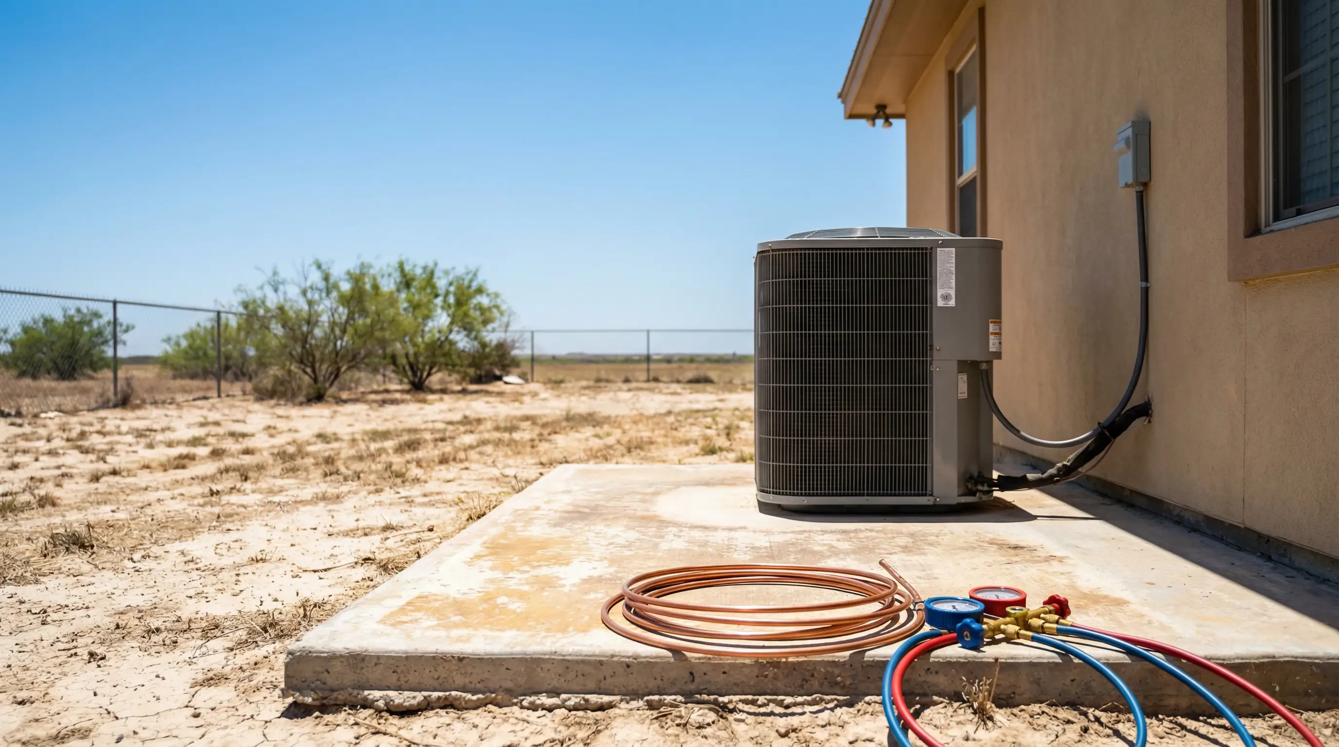 Professional HVAC technician servicing a residential air conditioning unit in Laredo, TX