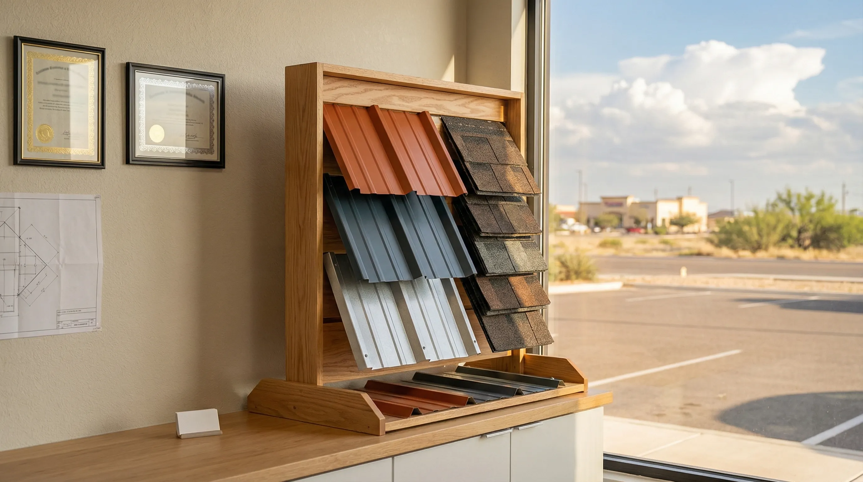 Professional roofing contractor inspecting a residential roof in Laredo, TX under bright South Texas sun