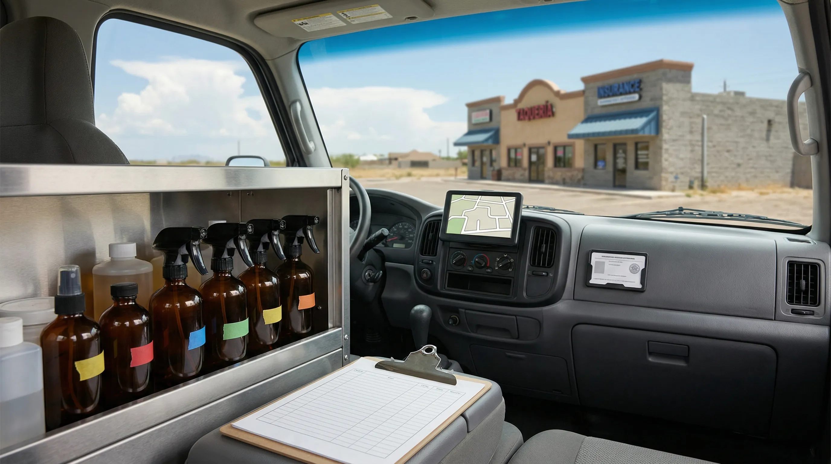 Licensed pest control technician treating the exterior perimeter of a home in Laredo, TX
