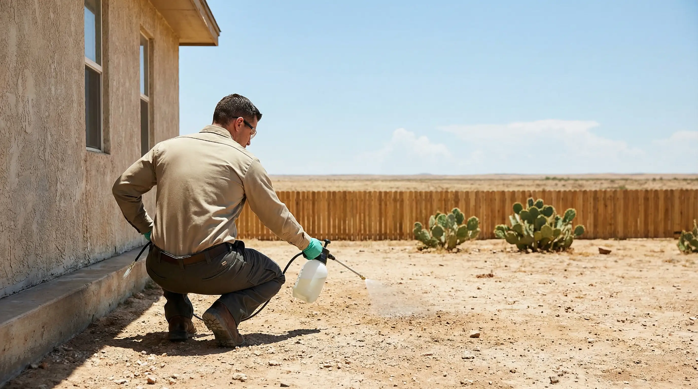 Licensed pest control technician treating the exterior perimeter of a home in Laredo, TX