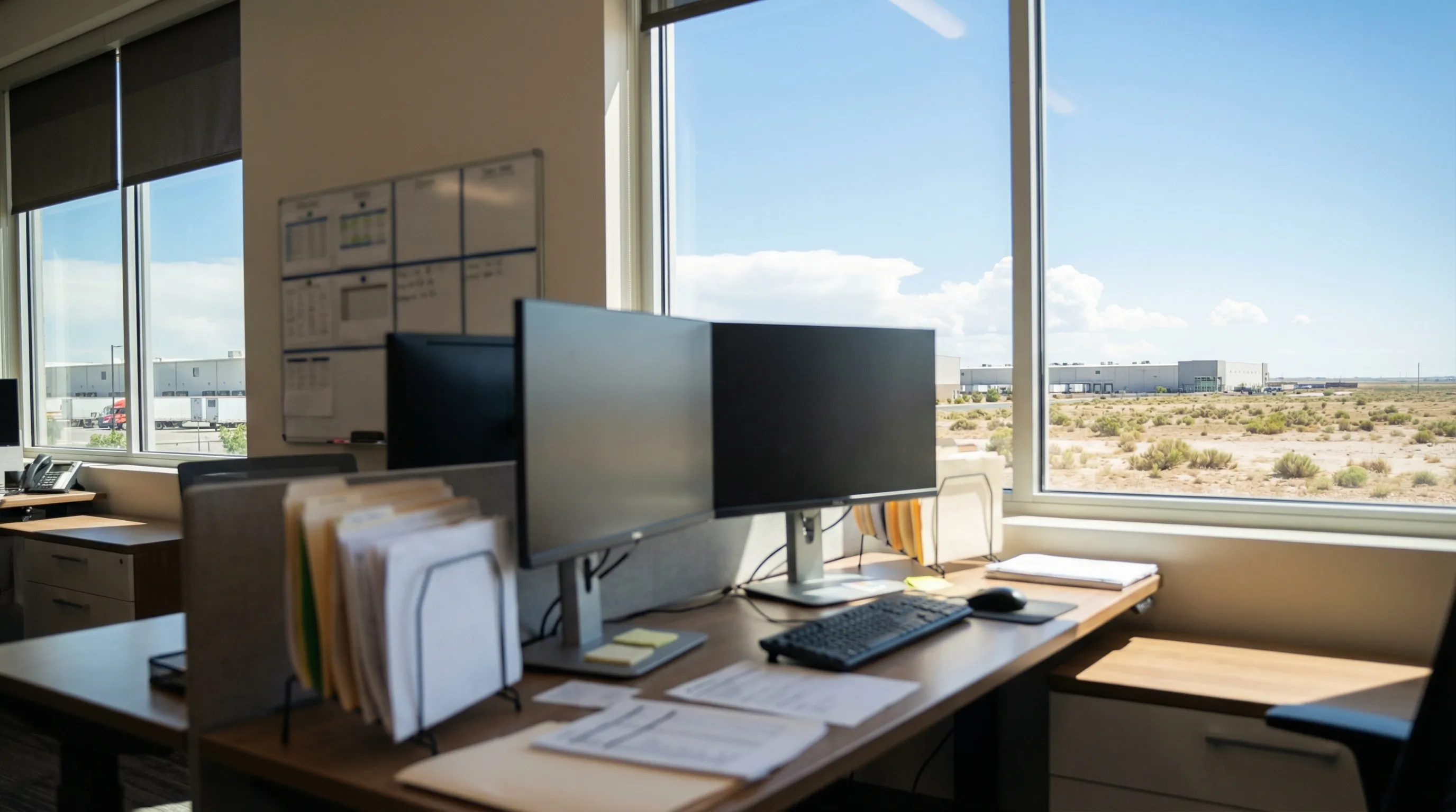 Professional customs brokerage office with bilingual staff at workstations reviewing import documentation near the Laredo, TX port of entry