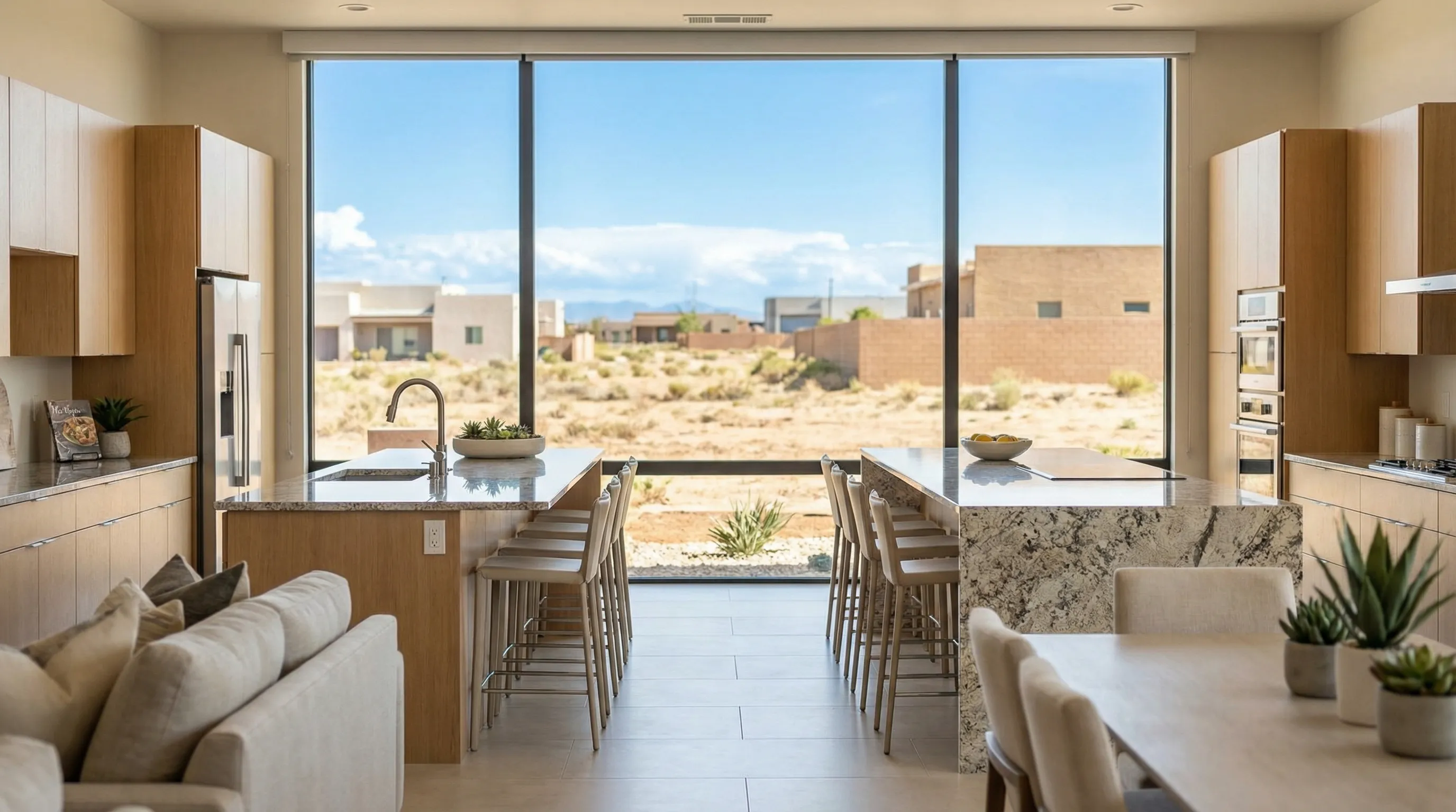 New construction single-family home exterior in NW Laredo TX Del Mar subdivision with for sale sign, tan brick facade, and South Texas blue sky