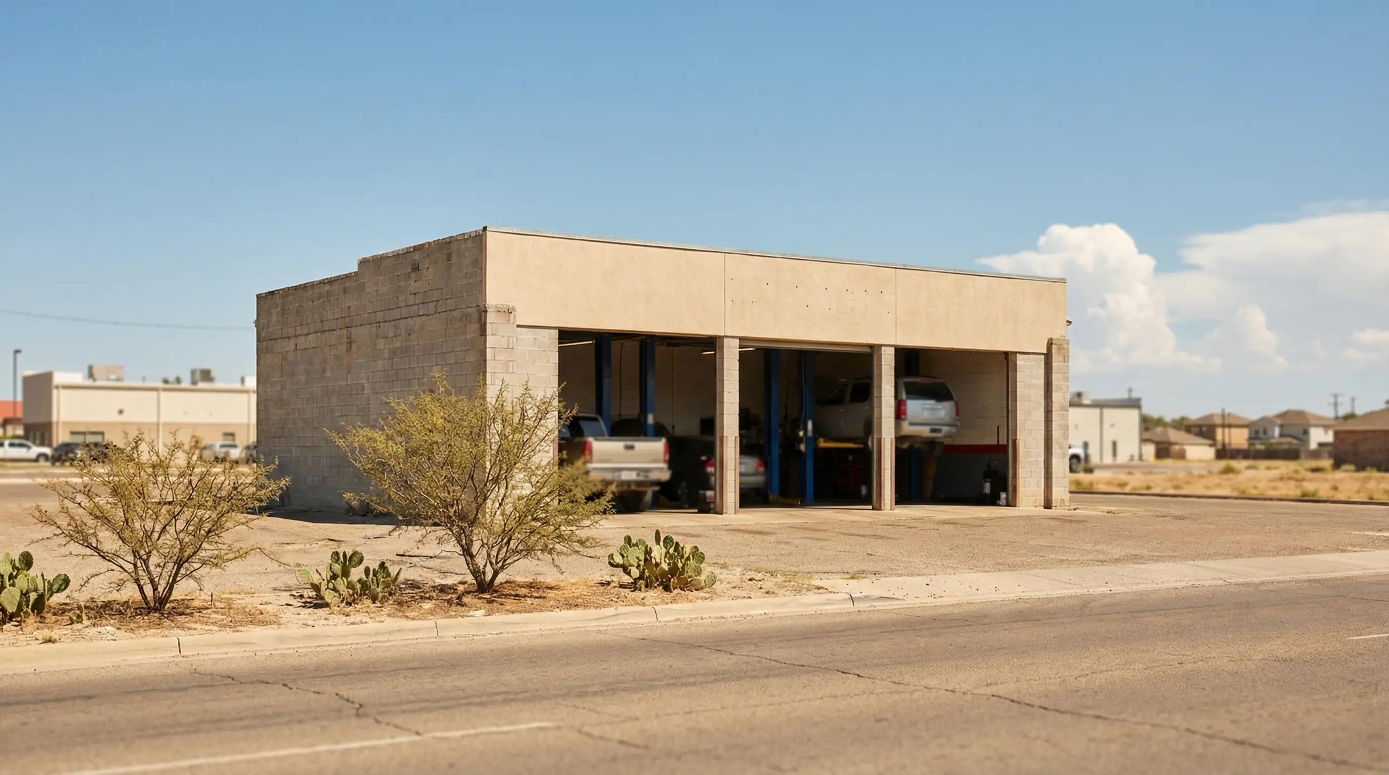 Bilingual auto repair shop exterior in Laredo TX with English and Spanish signage, open service bays, and pickup truck in parking lot on I-35 commercial corridor