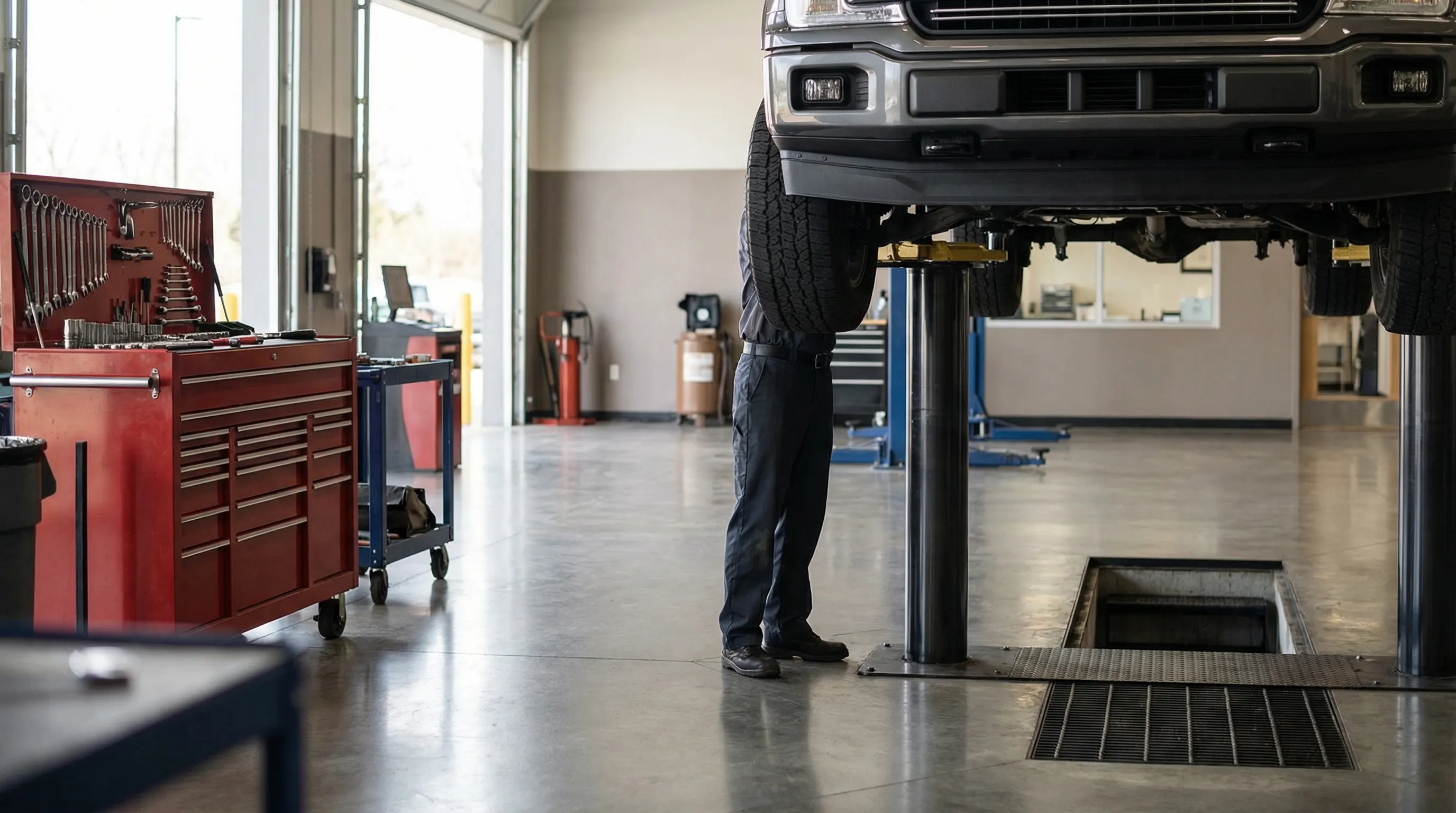 Bilingual auto repair shop exterior in Laredo TX with English and Spanish signage, open service bays, and pickup truck in parking lot on I-35 commercial corridor