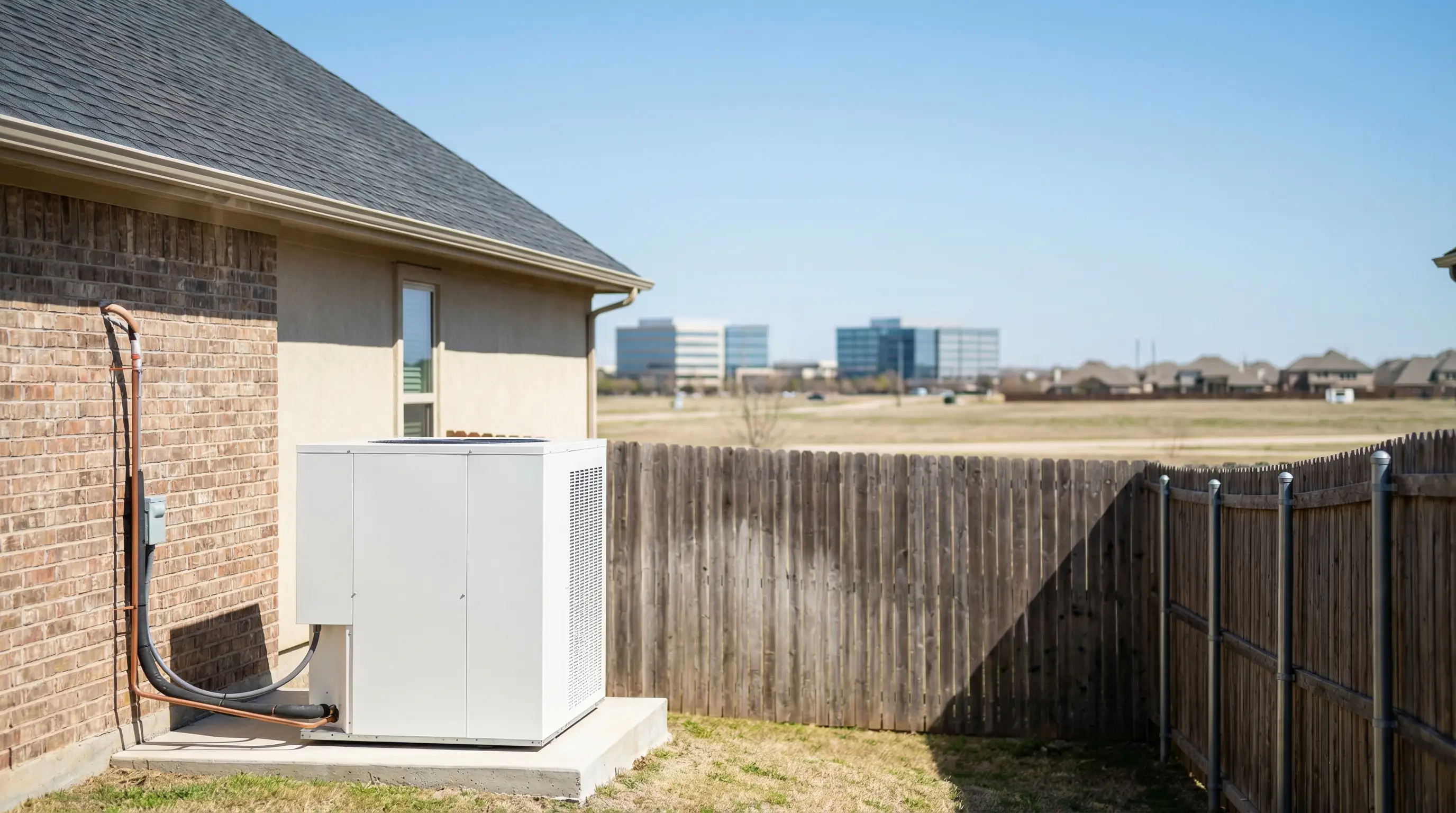 Professional HVAC technician servicing a condenser unit outside a suburban home in Irving, TX