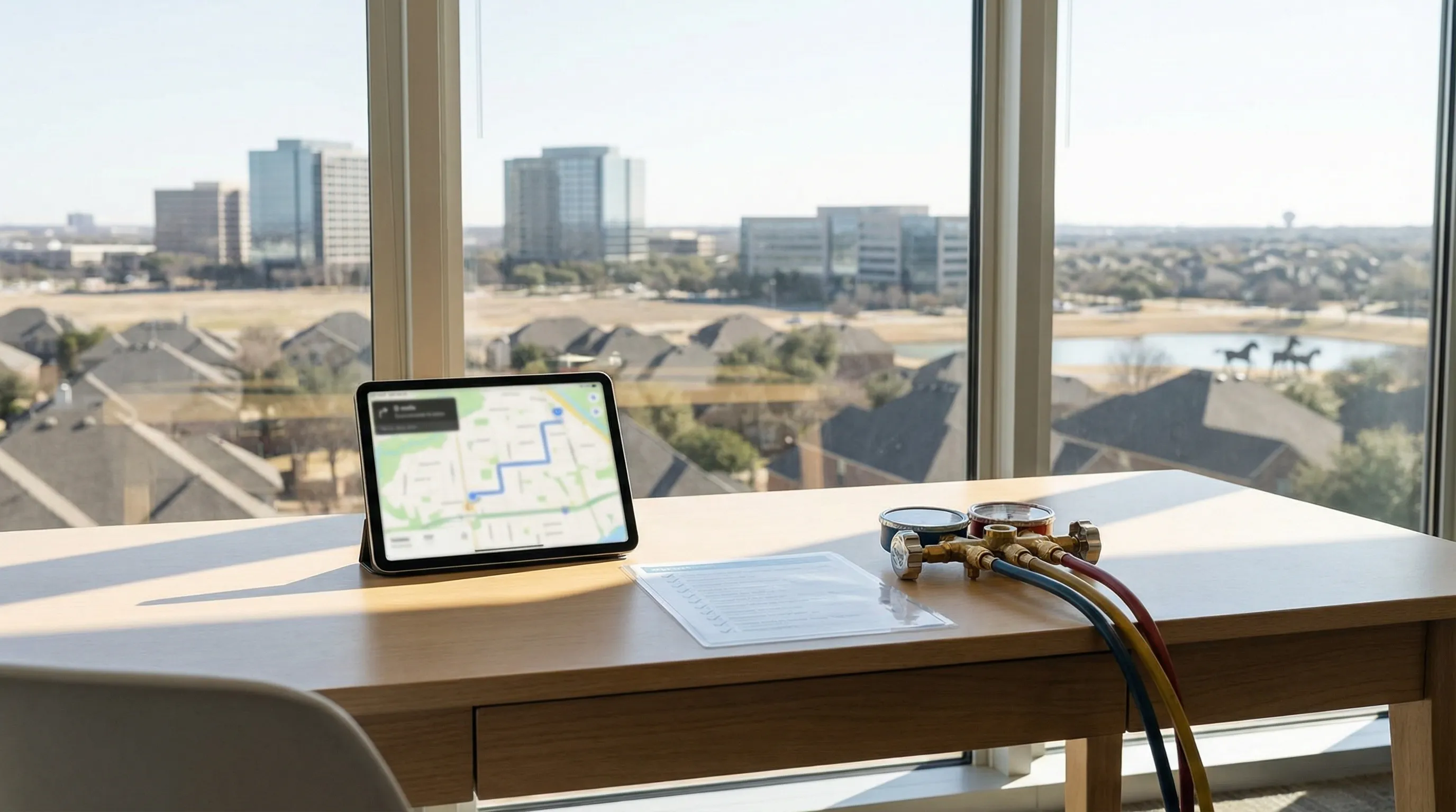 Professional HVAC technician servicing a condenser unit outside a suburban home in Irving, TX